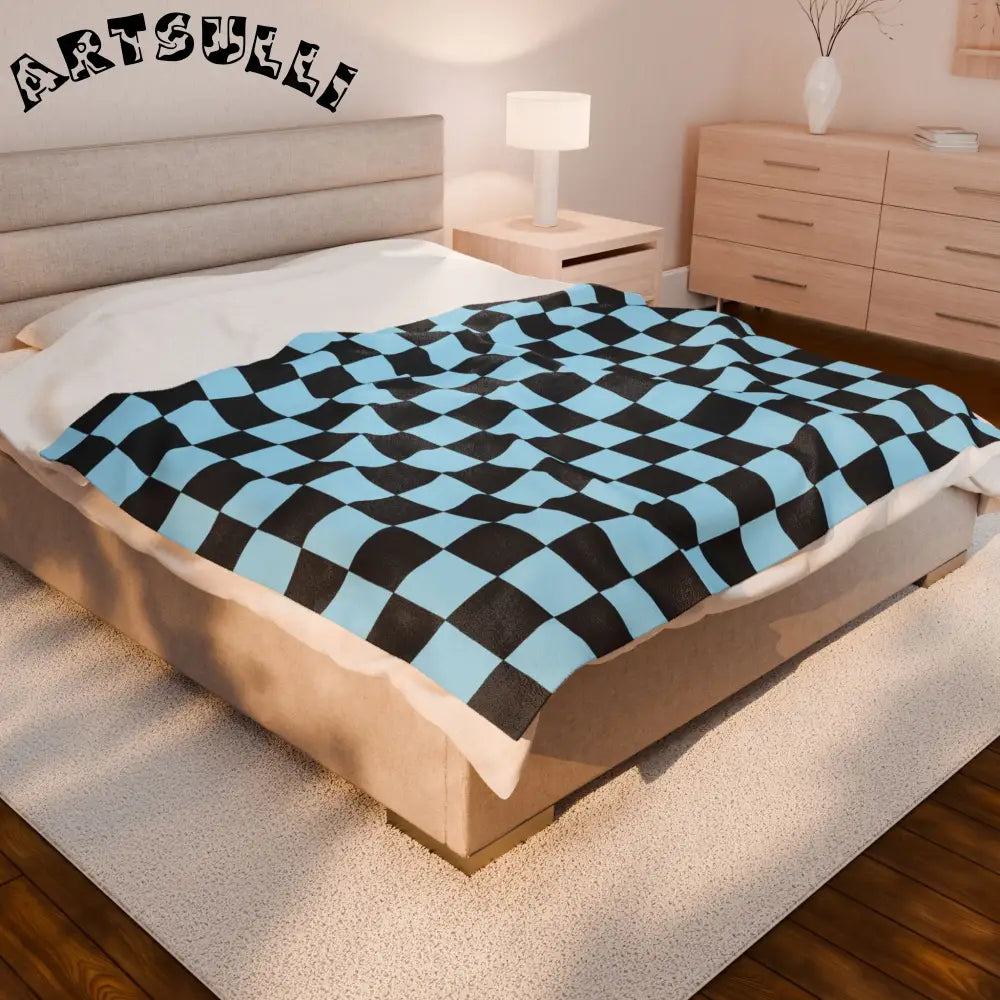 JAKKOUTTHEBXX Checkerboard Black and Blue Velveteen Plush Blanket