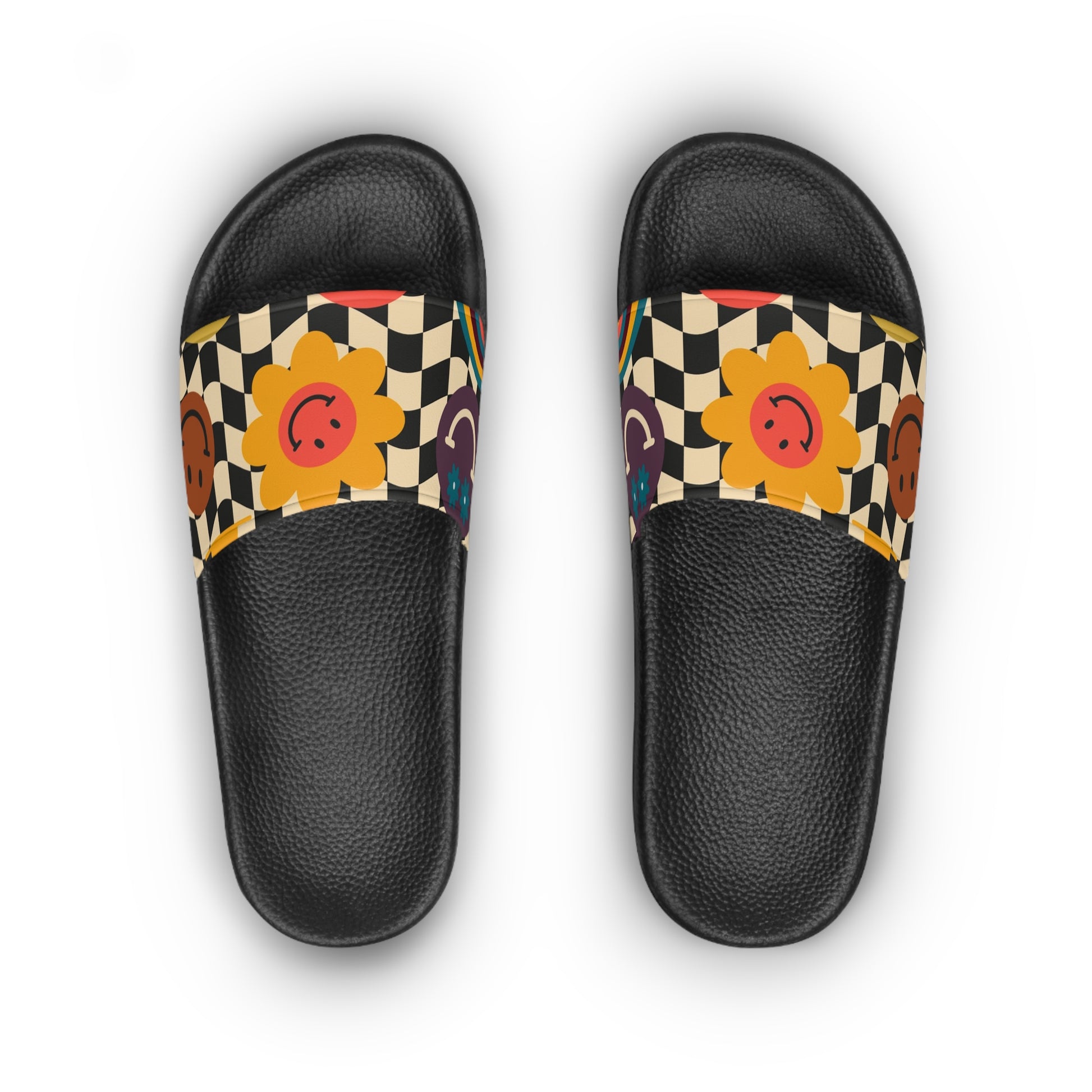 Trippy x Wavy Checkerboard x Smiley Face x Rainbow x Flowers Multi-Color Women's Slide Sandals, Artsulli - Art is Long, Life is Short, Shoes, , , , , , , 