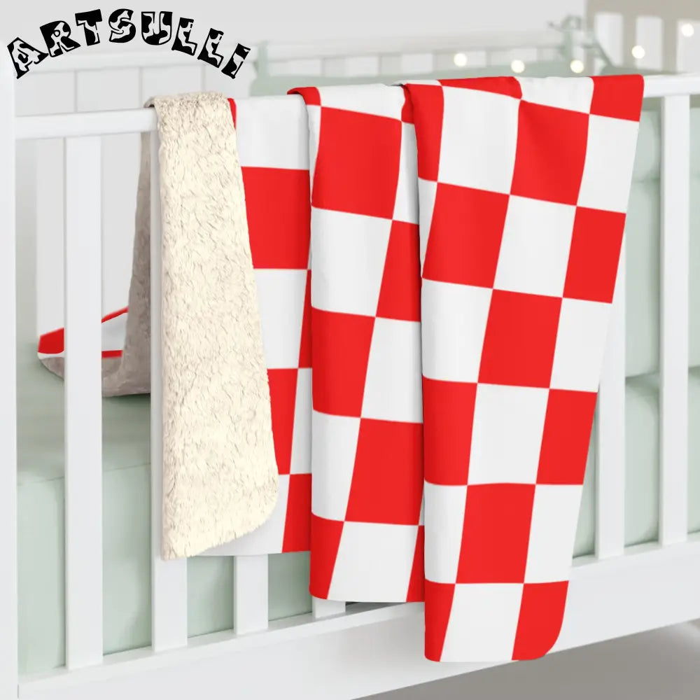 JAKKOUTTHEBXX Checkerboard Red and White Sherpa Fleece Blanket