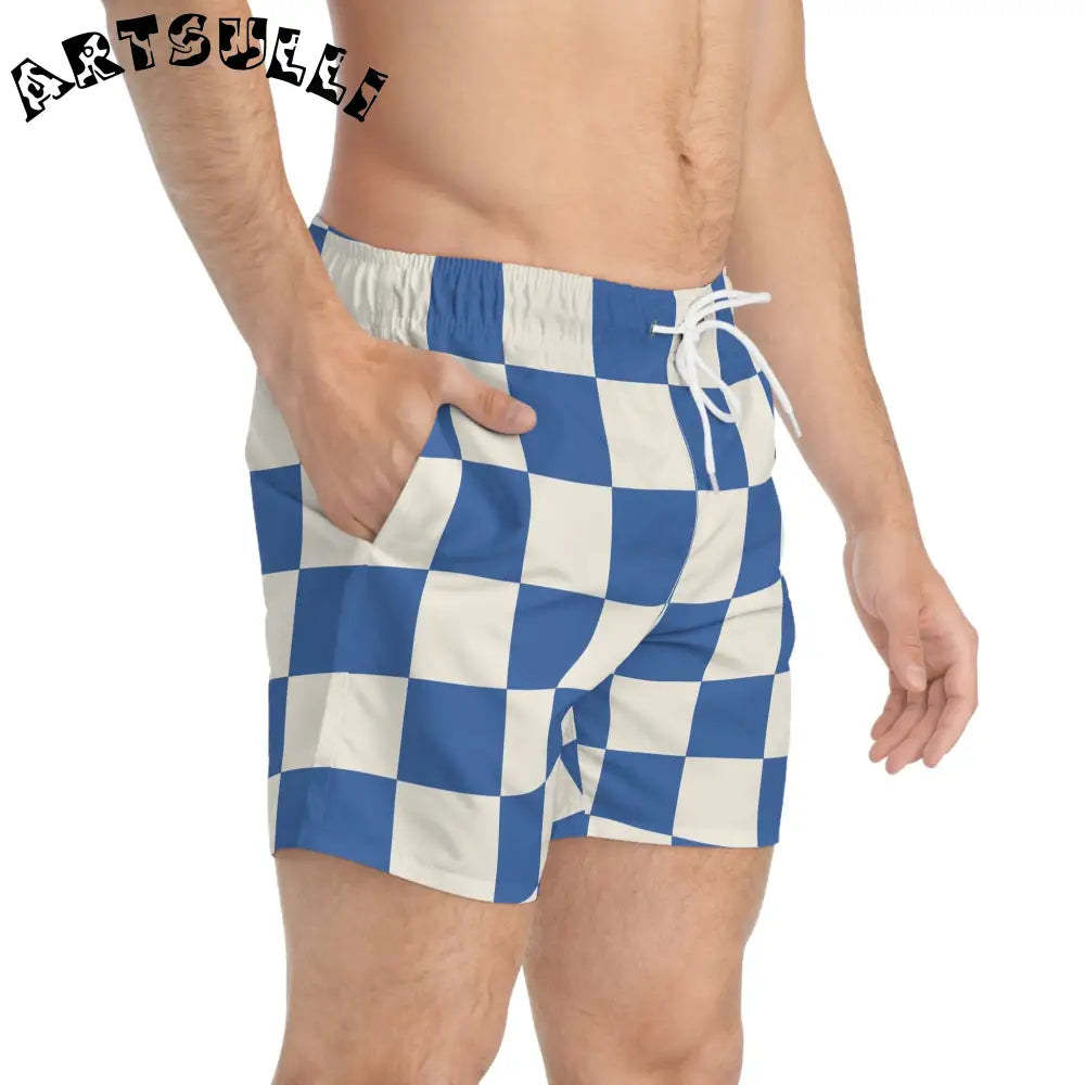 JAKKOUTTHEBXX Checkerboard Blue Swim Trunks (AOP) JAKKOUTTHEBXX