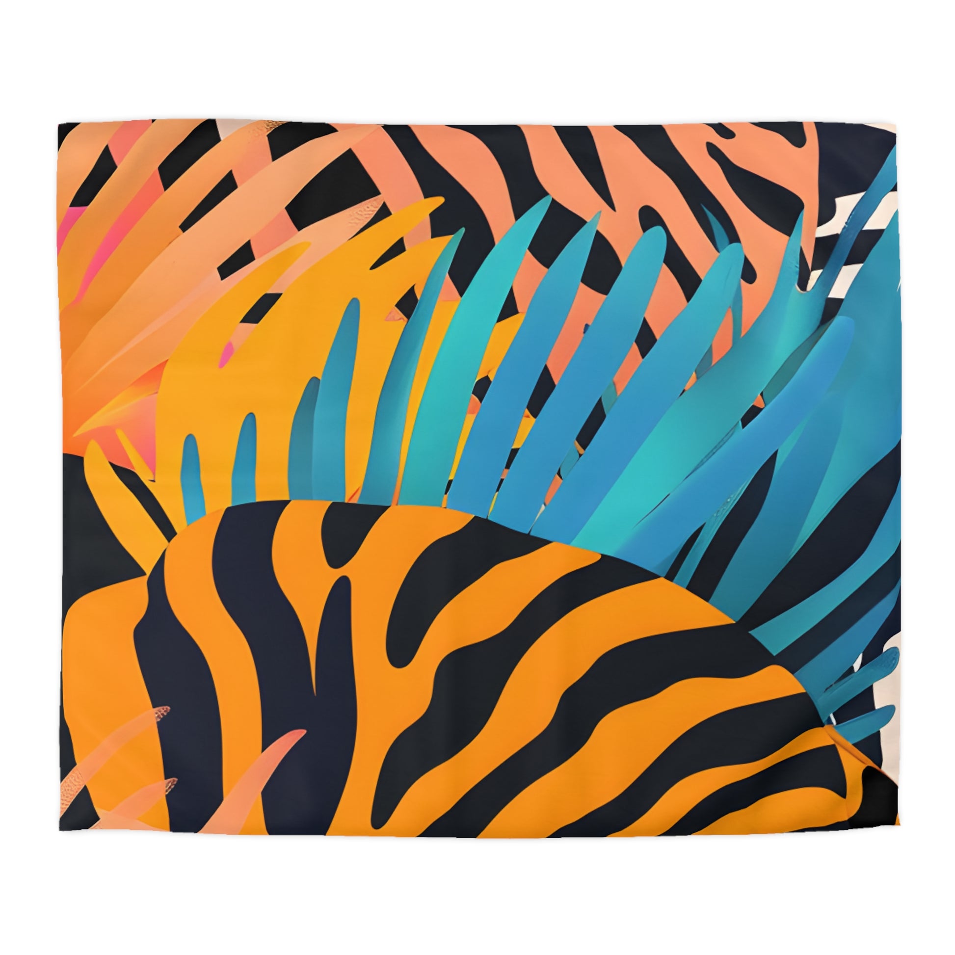 Palm Leaves x Zebra Stripes x  Tiger Stripes Orange and Blue  Microfiber Duvet Cover, Artsulli - Art is Long, Life is Short, Home Decor, Size, King, Color, Cream, , , 89743012199413