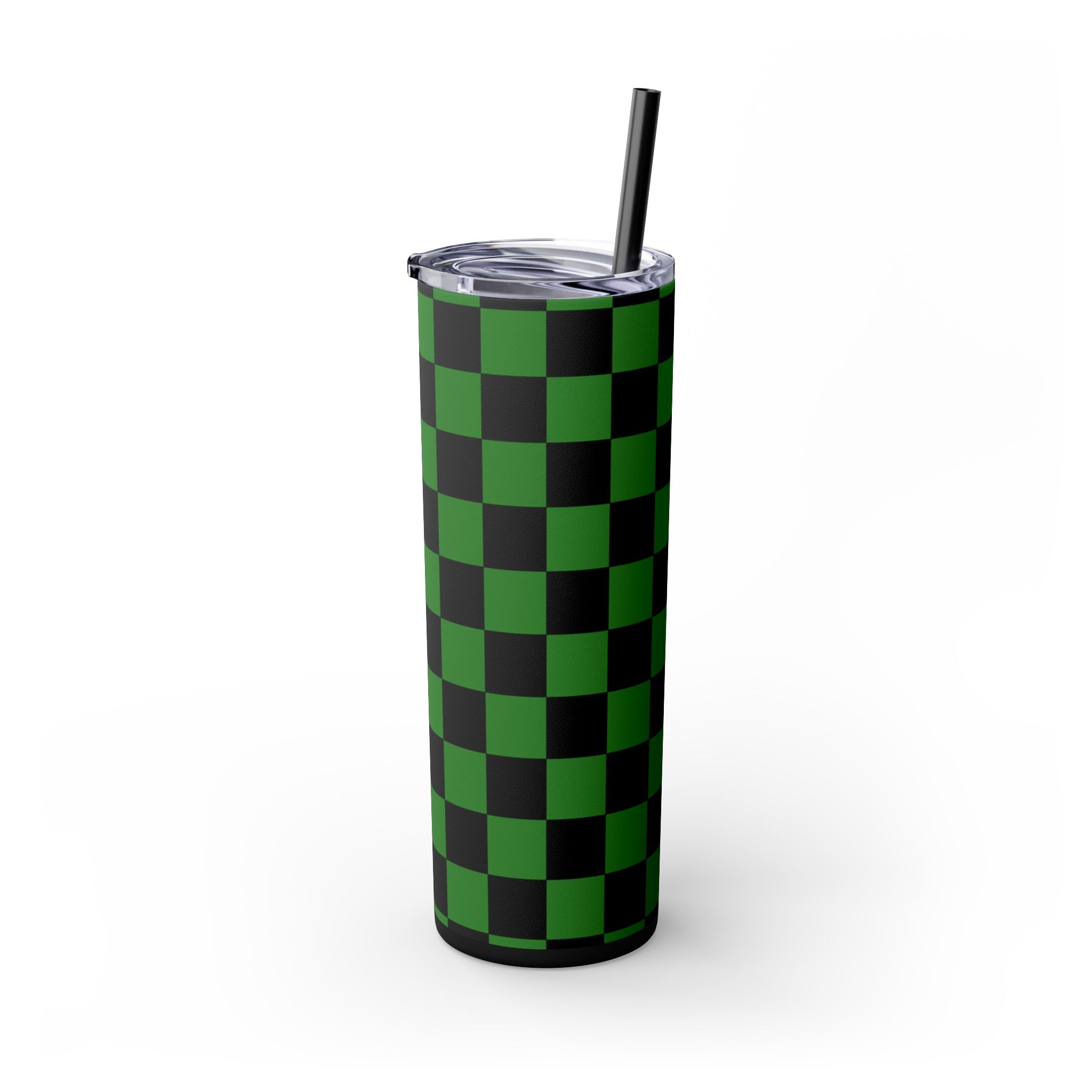 Checkerboard Green and Black Skinny Tumbler with Straw, 20oz, Artsulli - Art is Long, Life is Short, Mug, , , , , , , 