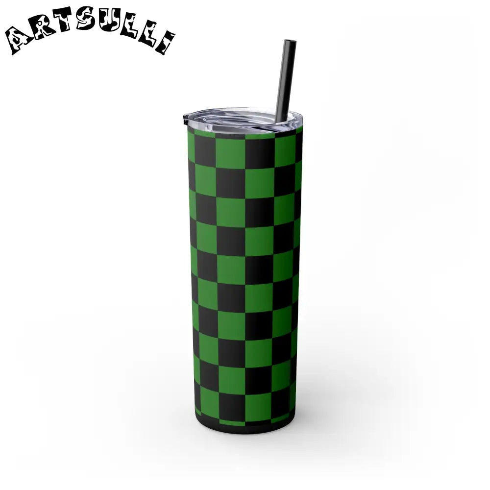 JAKKOUTTHEBXX Checkerboard Green and Black Skinny Tumbler with Straw