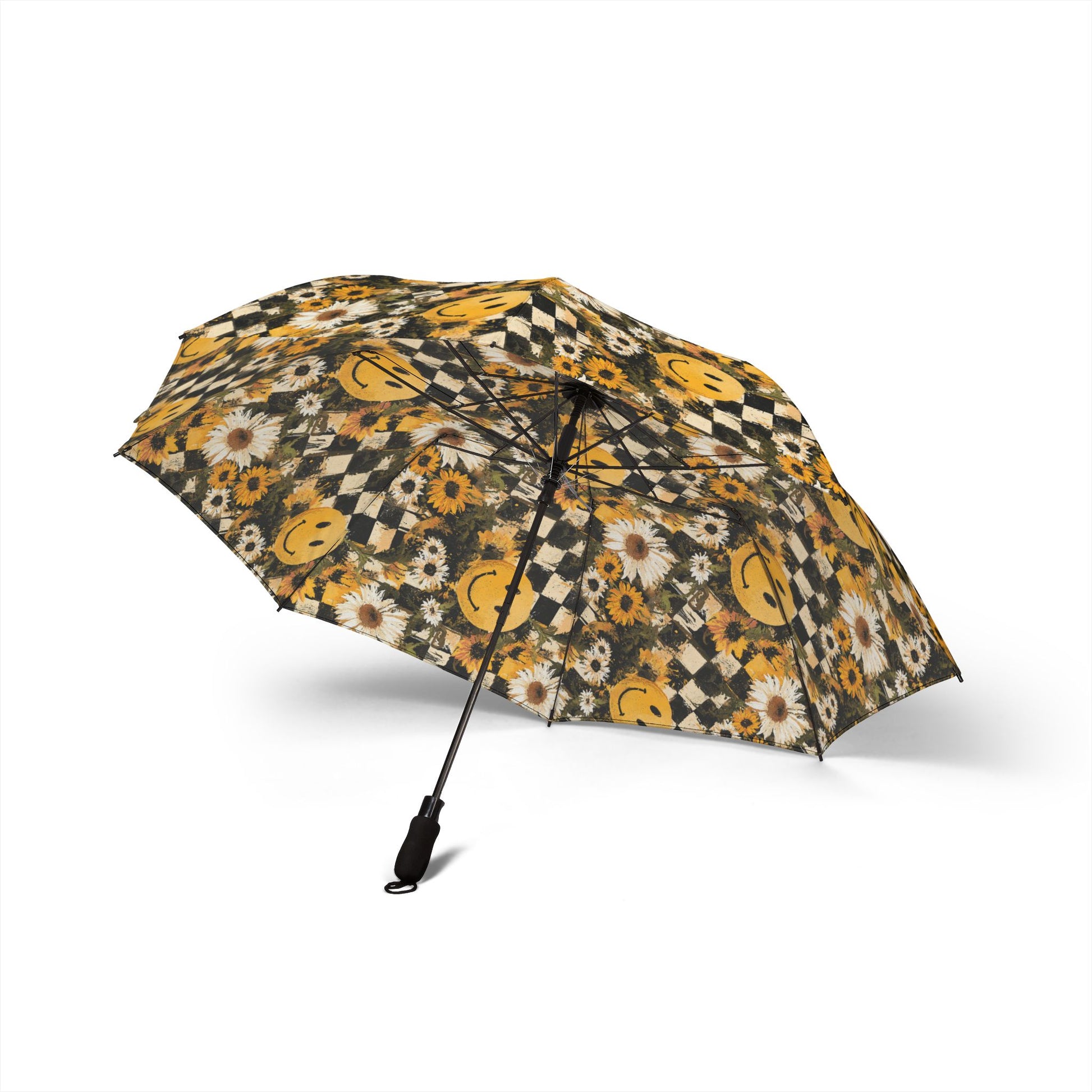 Smiley Face x Checkerboard x Sunflowers x Trippy x Vintage Black and Yellow Semi-Automatic Foldable Umbrella, Artsulli - Art is Long, Life is Short, Accessories, , , , , , , 