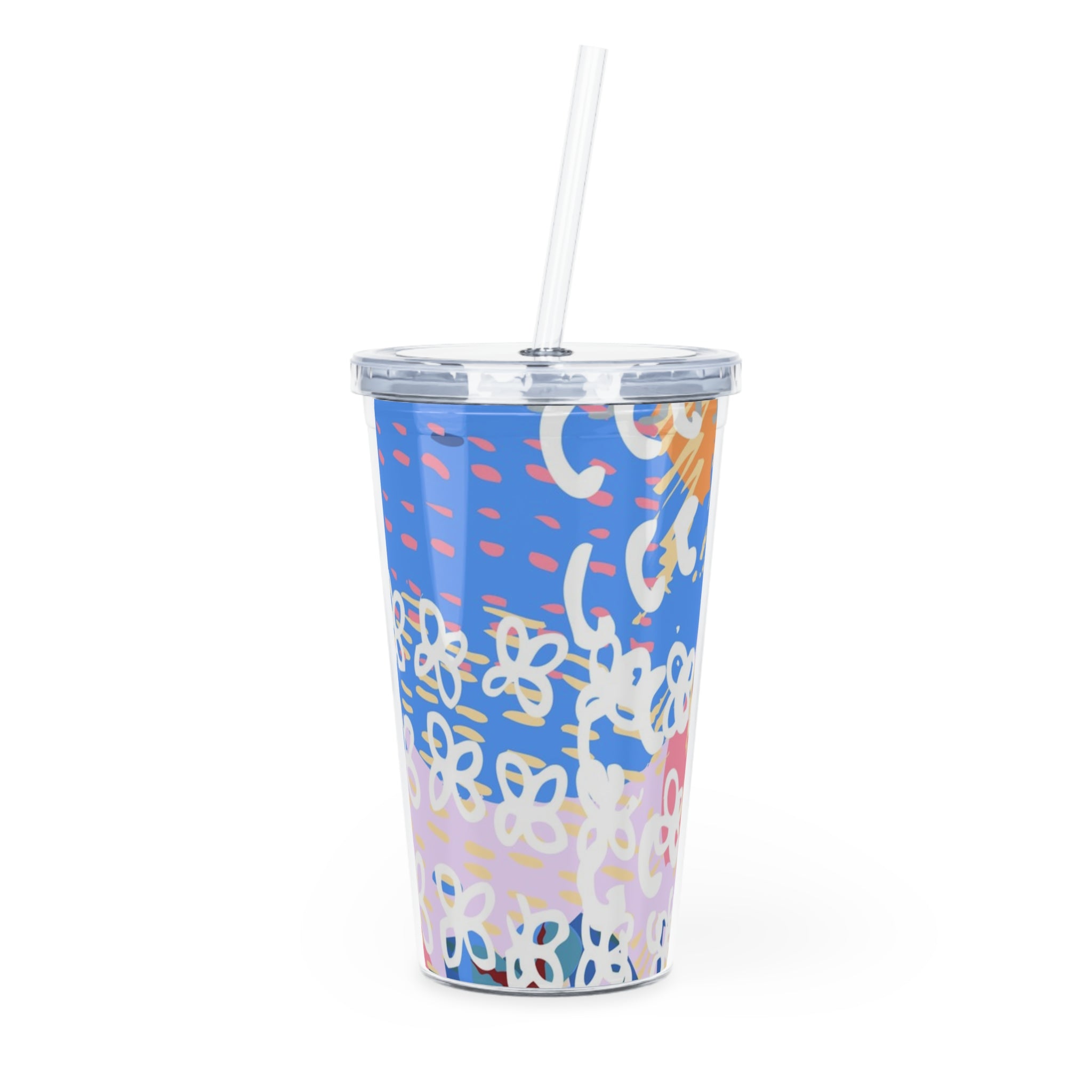 Flowers x Doodles x Hearts Multi-Color Plastic Tumbler with Straw, Artsulli - Art is Long, Life is Short, Mug, Size, 20oz, Color, Transparent, , , 15058514487107747583