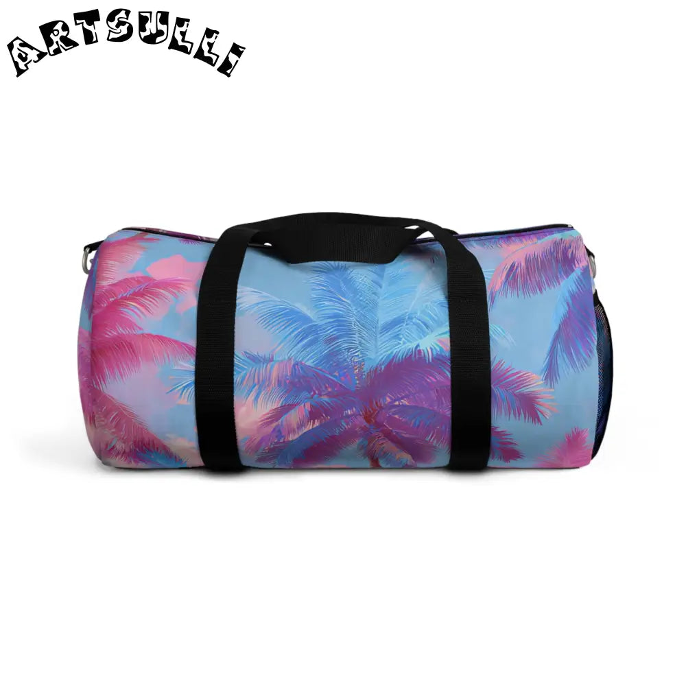 JAKKOUTTHEBXX Ethereal Pastel Palms II Blue and Pink Duffel Bag