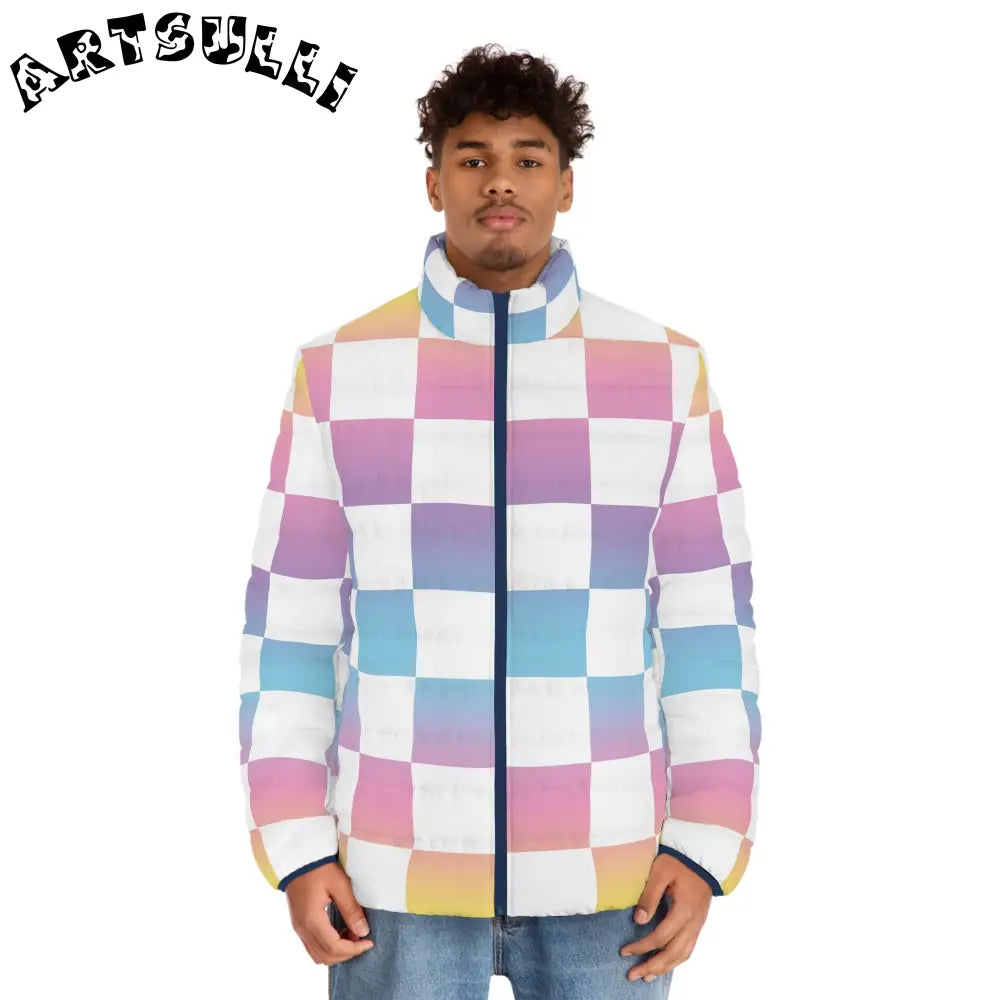 JAKKOUTTHEBXX Vaporwave Check Men’s Puffer Jacket (AOP)