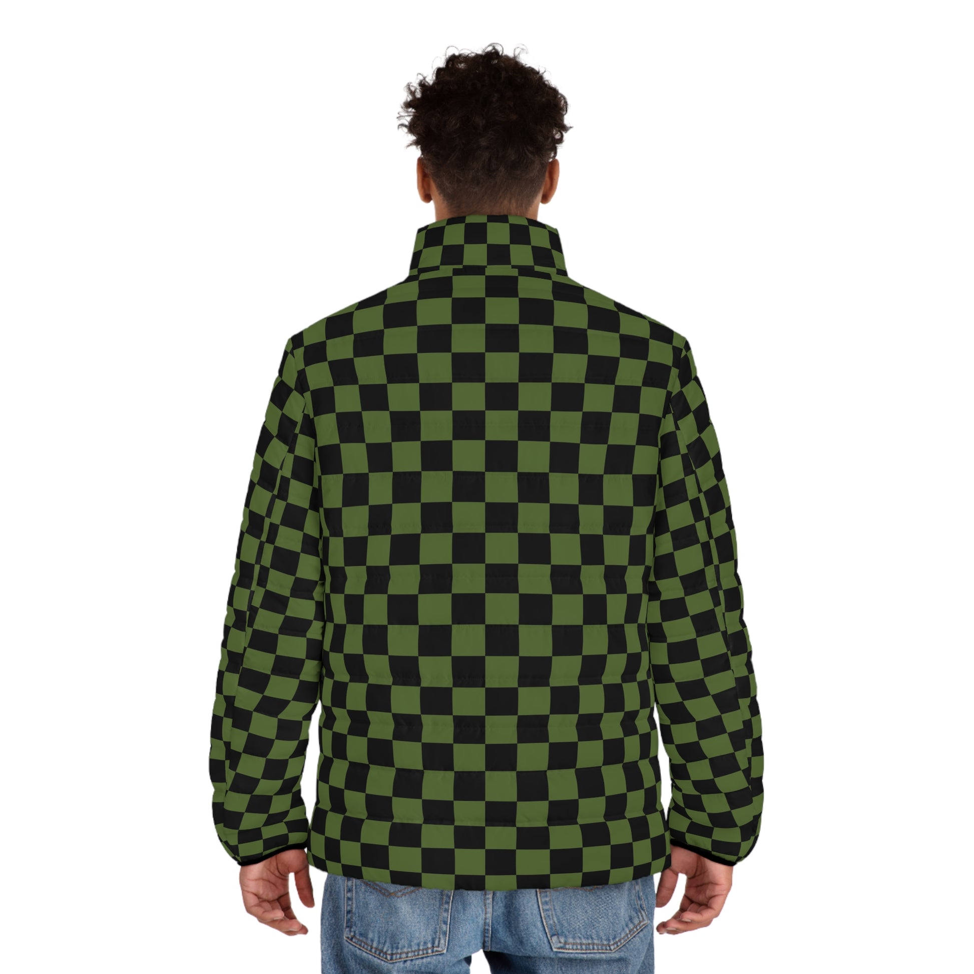 Checkerboard Olive Green and Black Men's Puffer Jacket (AOP), Artsulli - Art is Long, Life is Short, All Over Prints, , , , , , , 