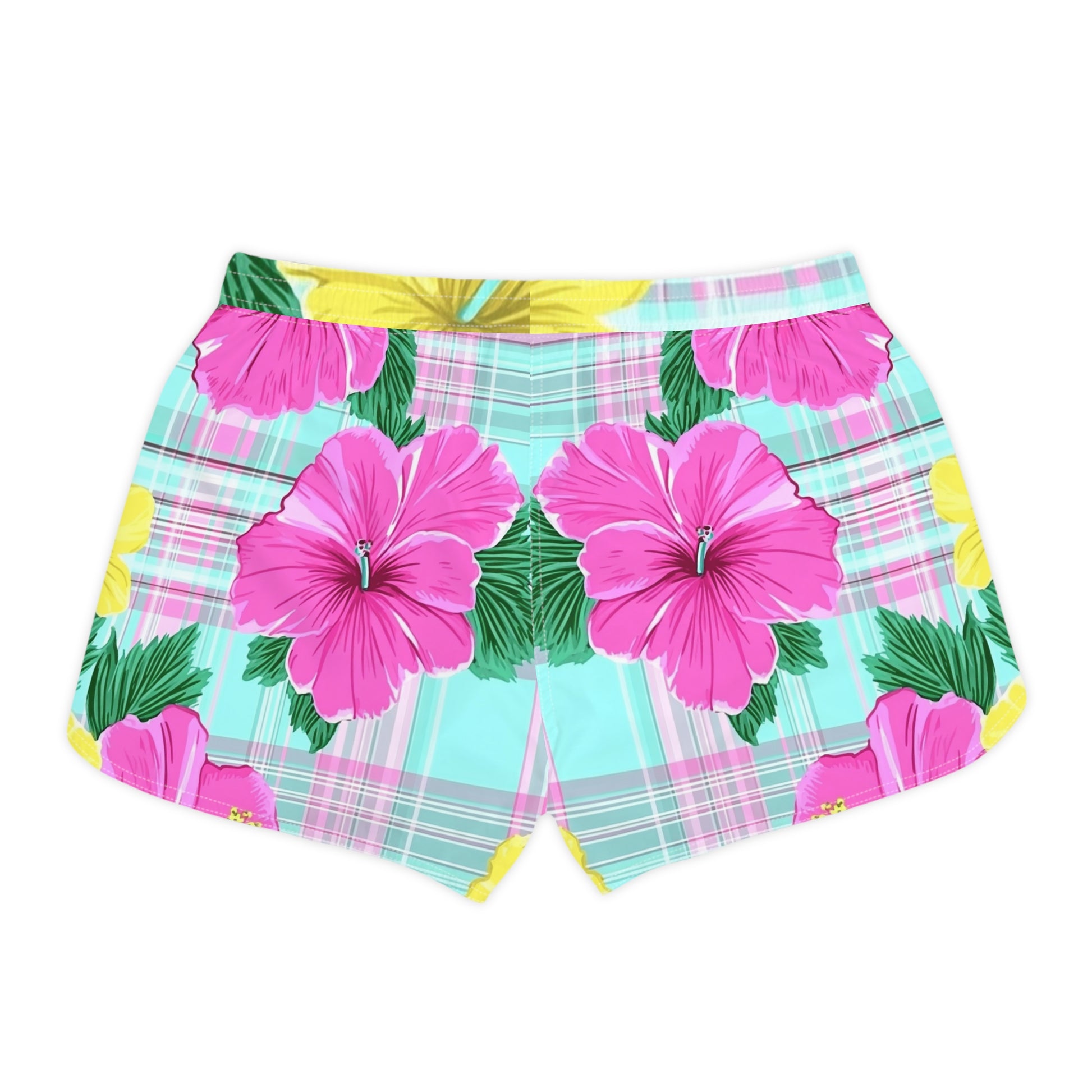 Plaid Hibiscus Pink and Yellow Women's Casual Shorts (AOP), Artsulli - Art is Long, Life is Short, All Over Prints, , , , , , , 