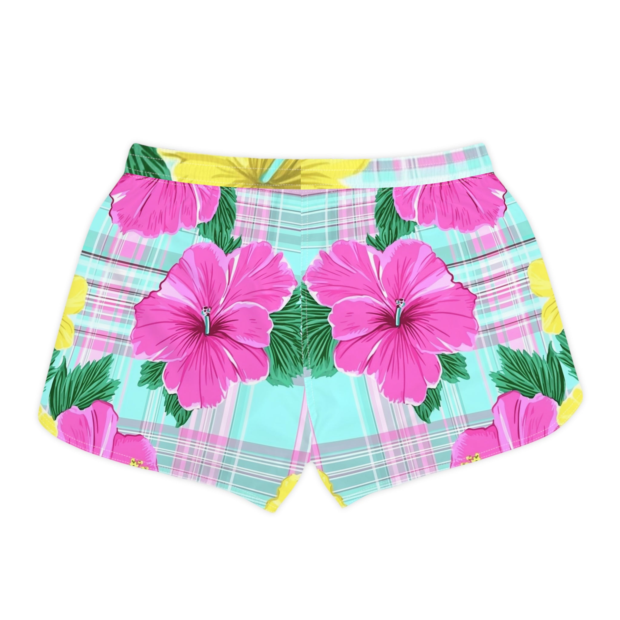 Plaid Hibiscus Pink and Yellow Women's Casual Shorts (AOP), Artsulli - Art is Long, Life is Short, All Over Prints, , , , , , , 