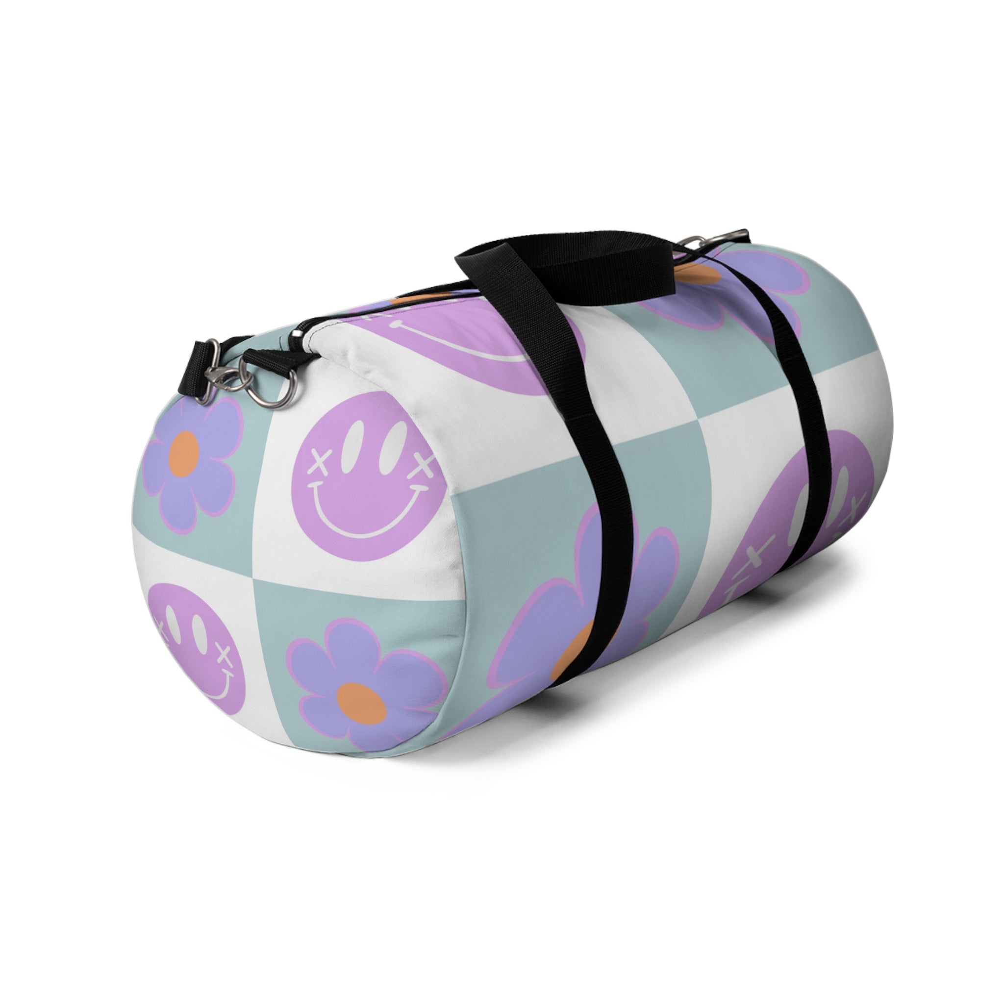 Flower x Smiley Face x Checkerboard Purple Duffel Bag, Artsulli - Art is Long, Life is Short, Bags, , , , , , , 