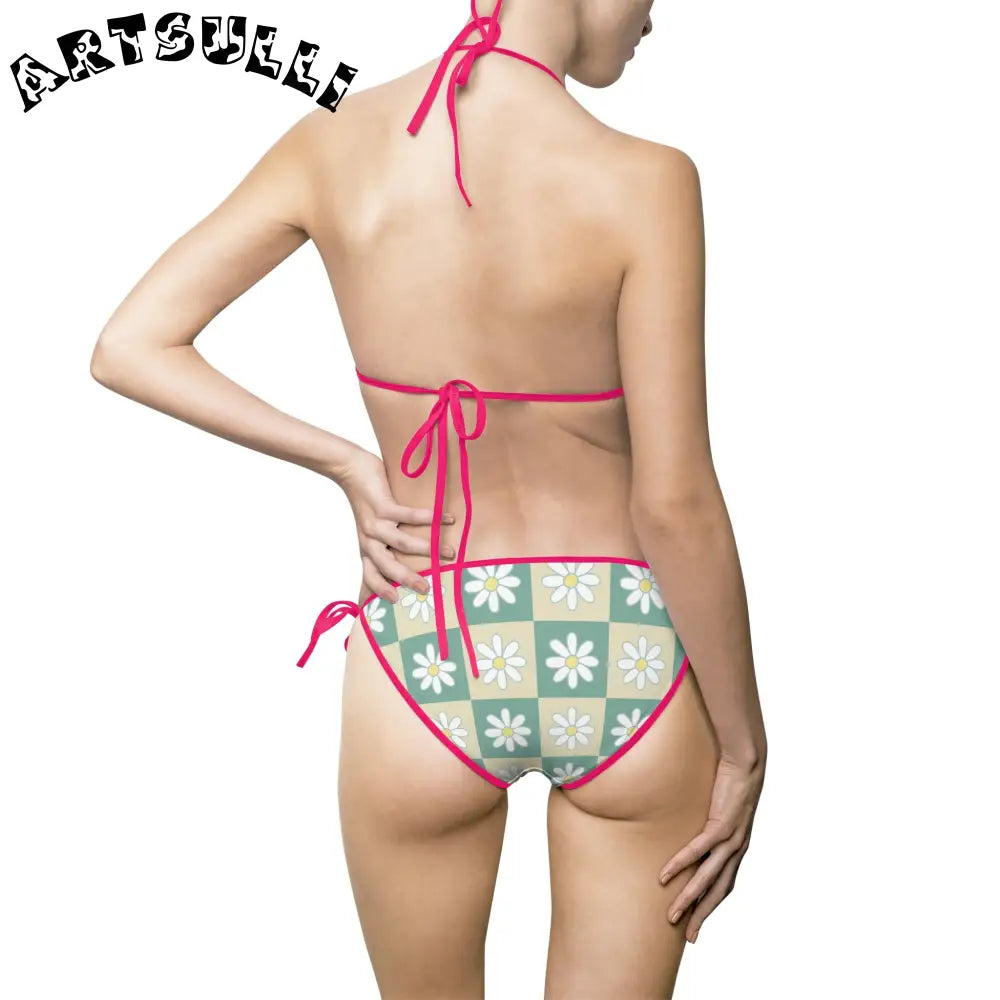 JAKKOUTTHEBXX Retro Daisy Checkerboard Green and Tan Women’s Bikini