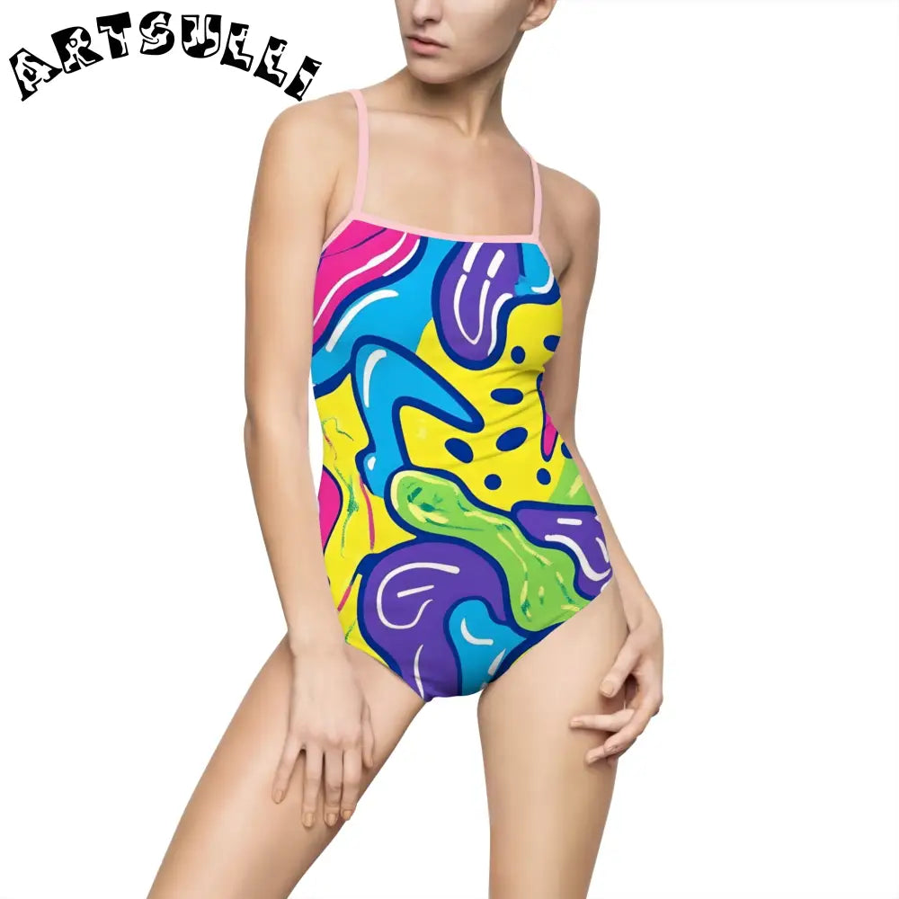 90s Trippy Slime Women's One-piece Swimsuit (AOP), Artsulli - Art is Long, Life is Short, All Over Prints, Size, XS, Color, Light Pink, , , 36480321932772373877