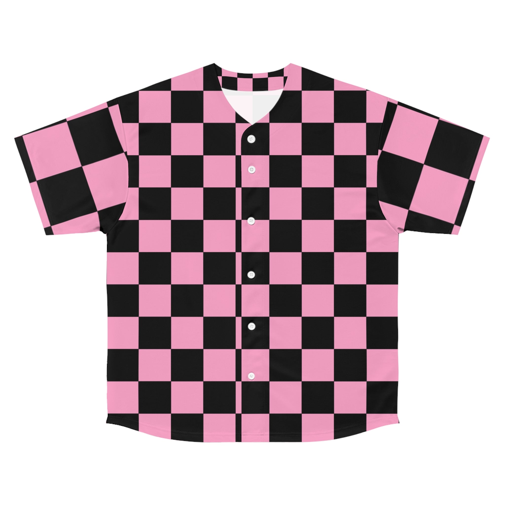 Checkerboard Black and Pink Men's Baseball Jersey (AOP), Artsulli - Art is Long, Life is Short, All Over Prints, Size, S, Color, Seam thread color automatically matched to design, , , 51523024770448369506