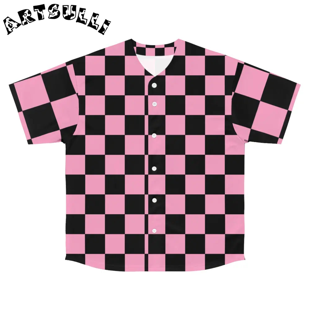 JAKKOUTTHEBXX Checkerboard Black and Pink Men’s Baseball Jersey