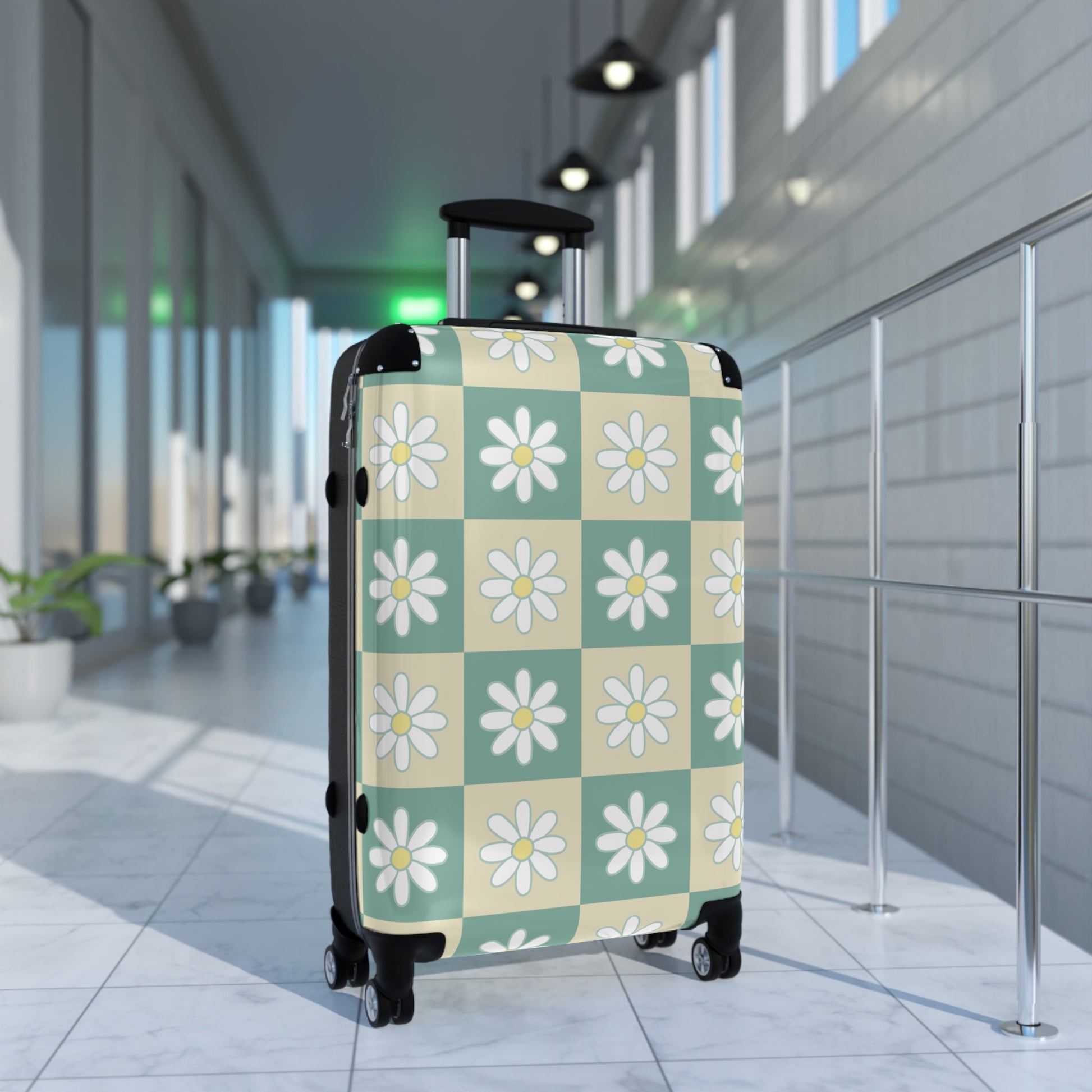 Retro Daisy Checkerboard Green and Tan Suitcase, Artsulli - Art is Long, Life is Short, Bags, , , , , , , 