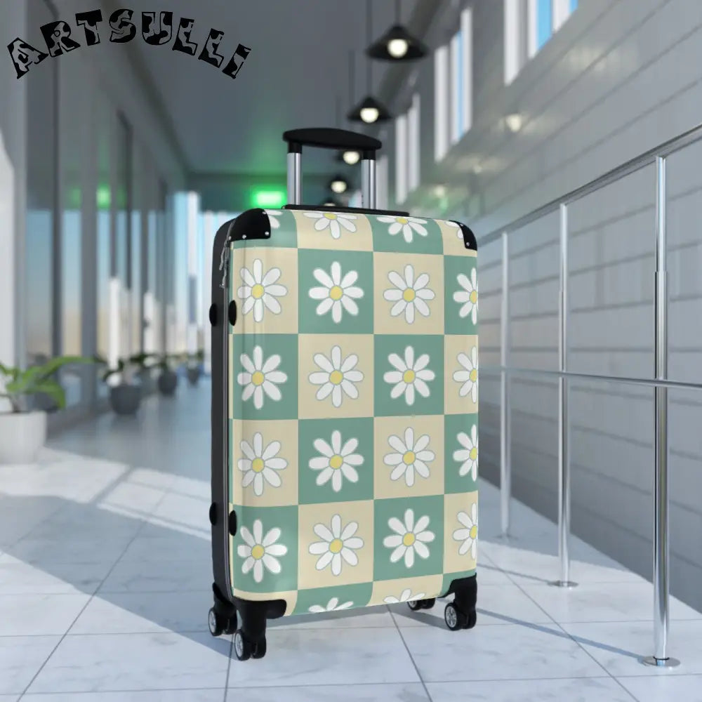 JAKKOUTTHEBXX Retro Daisy Checkerboard Green and Tan Suitcase