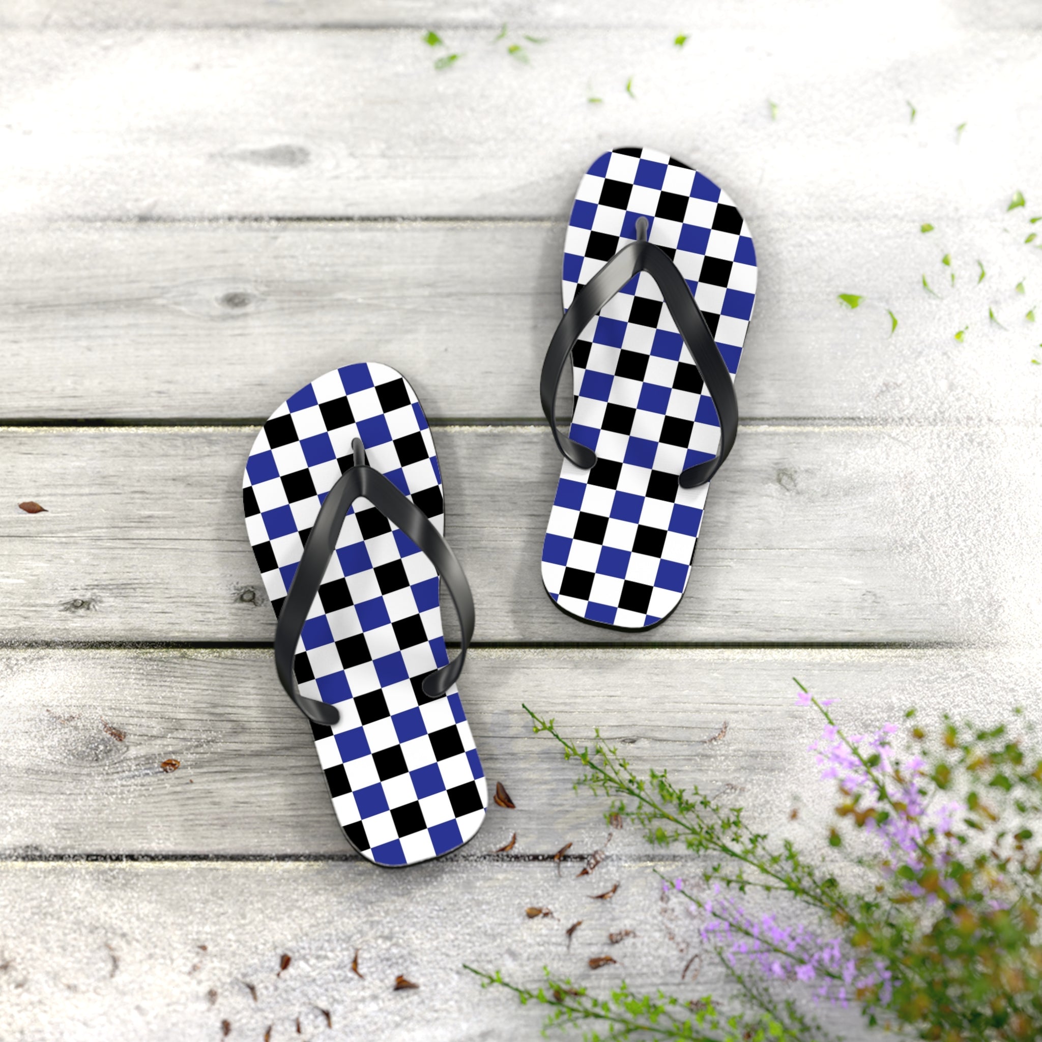 Checkerboard Blue White and Black Flip Flops, Artsulli - Art is Long, Life is Short, Shoes, , , , , , , 