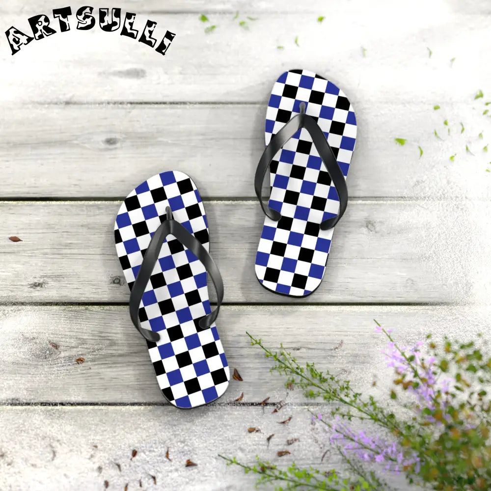 JAKKOUTTHEBXX Checkerboard Blue White and Black Flip Flops