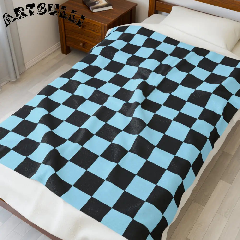 JAKKOUTTHEBXX Checkerboard Black and Blue Velveteen Plush Blanket