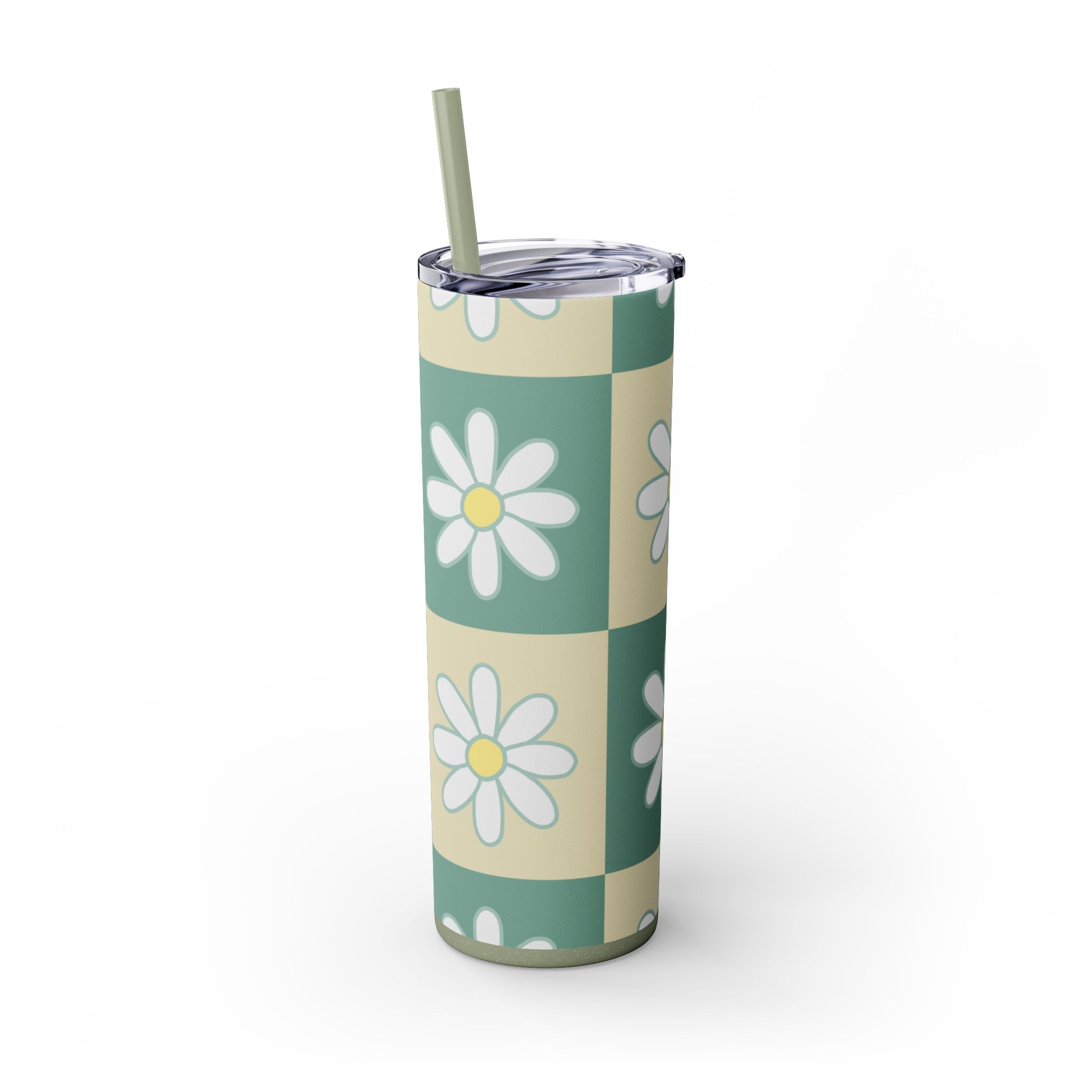Retro Daisy Checkerboard Green and Tan Skinny Tumbler with Straw, 20oz, Artsulli - Art is Long, Life is Short, Mug, , , , , , , 