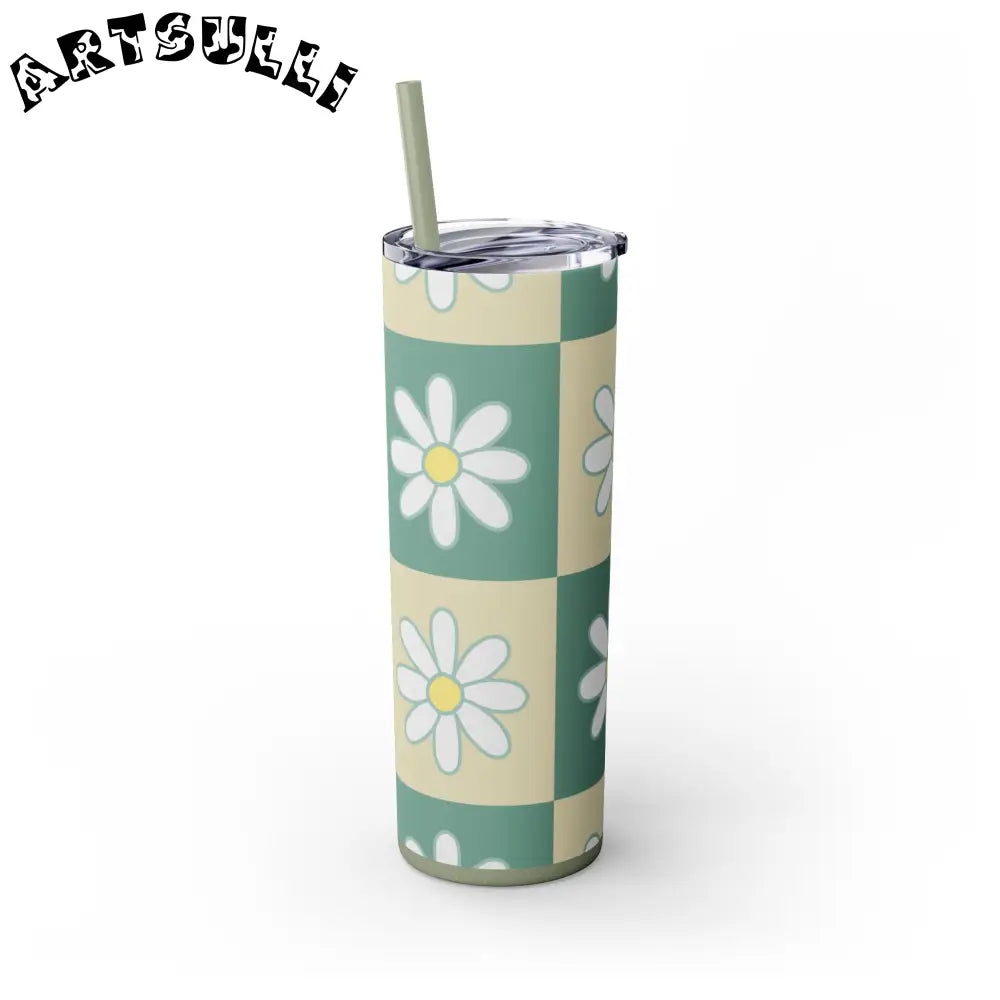 JAKKOUTTHEBXX Retro Daisy Checkerboard Green and Tan Skinny Tumbler