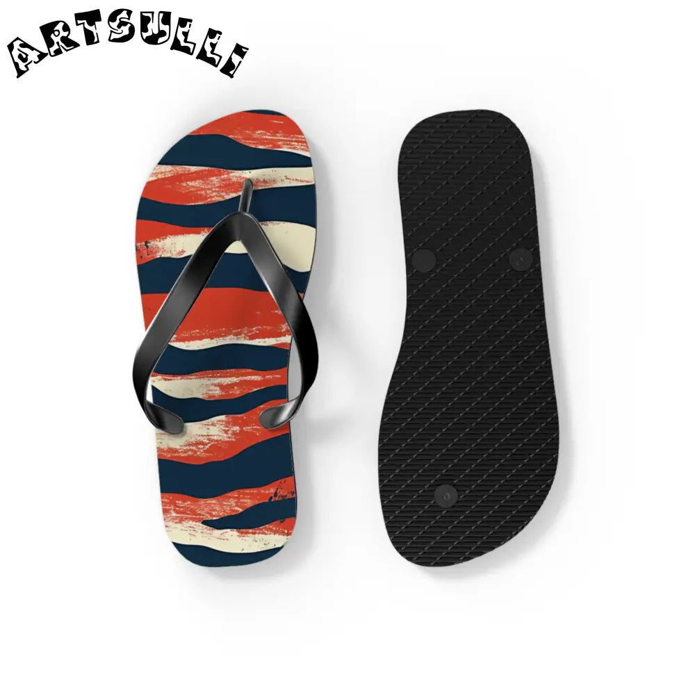 JAKKOUTTHEBXX Red White Blue Abstract Striped Flip Flops