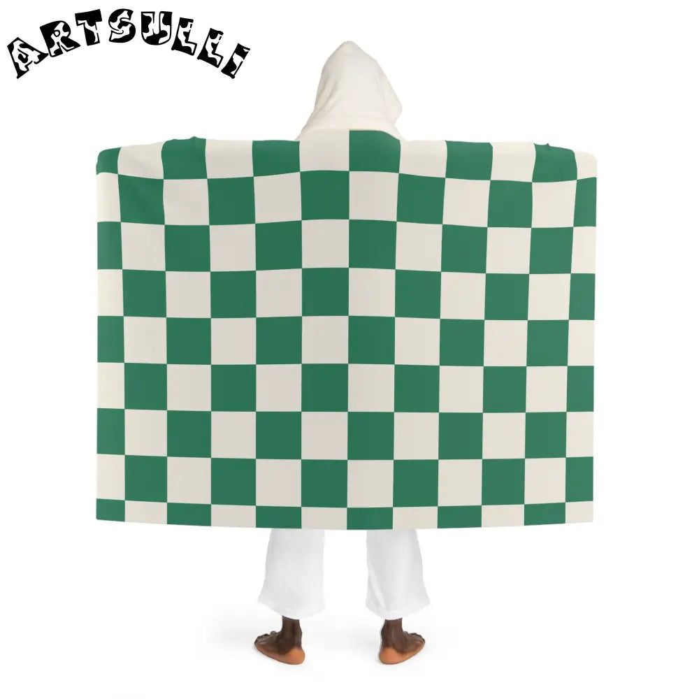 JAKKOUTTHEBXX Checkerboard Dark Green Hooded Sherpa Fleece Blanket