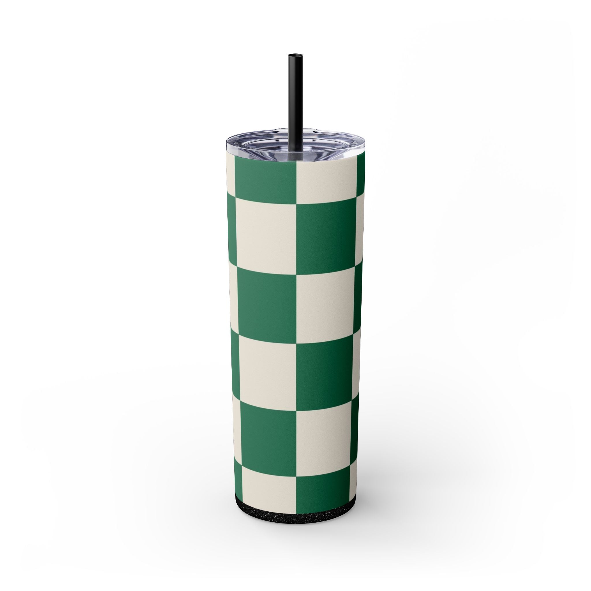 Checkerboard Dark Green Skinny Tumbler with Straw, 20oz, Artsulli - Art is Long, Life is Short, Mug, Finish, Glossy, Color, Glitter Black, Size, 20oz, 26008829008595677024
