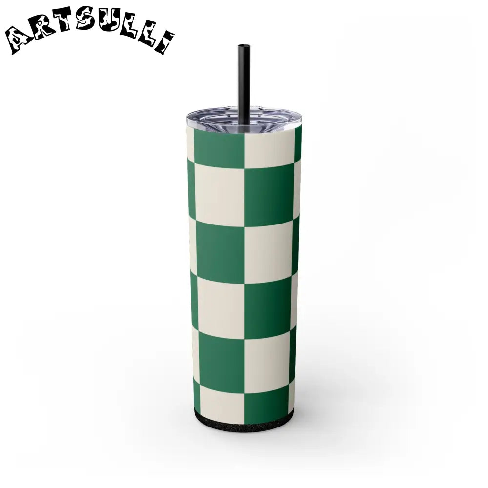 JAKKOUTTHEBXX Checkerboard Dark Green Skinny Tumbler with Straw 20oz