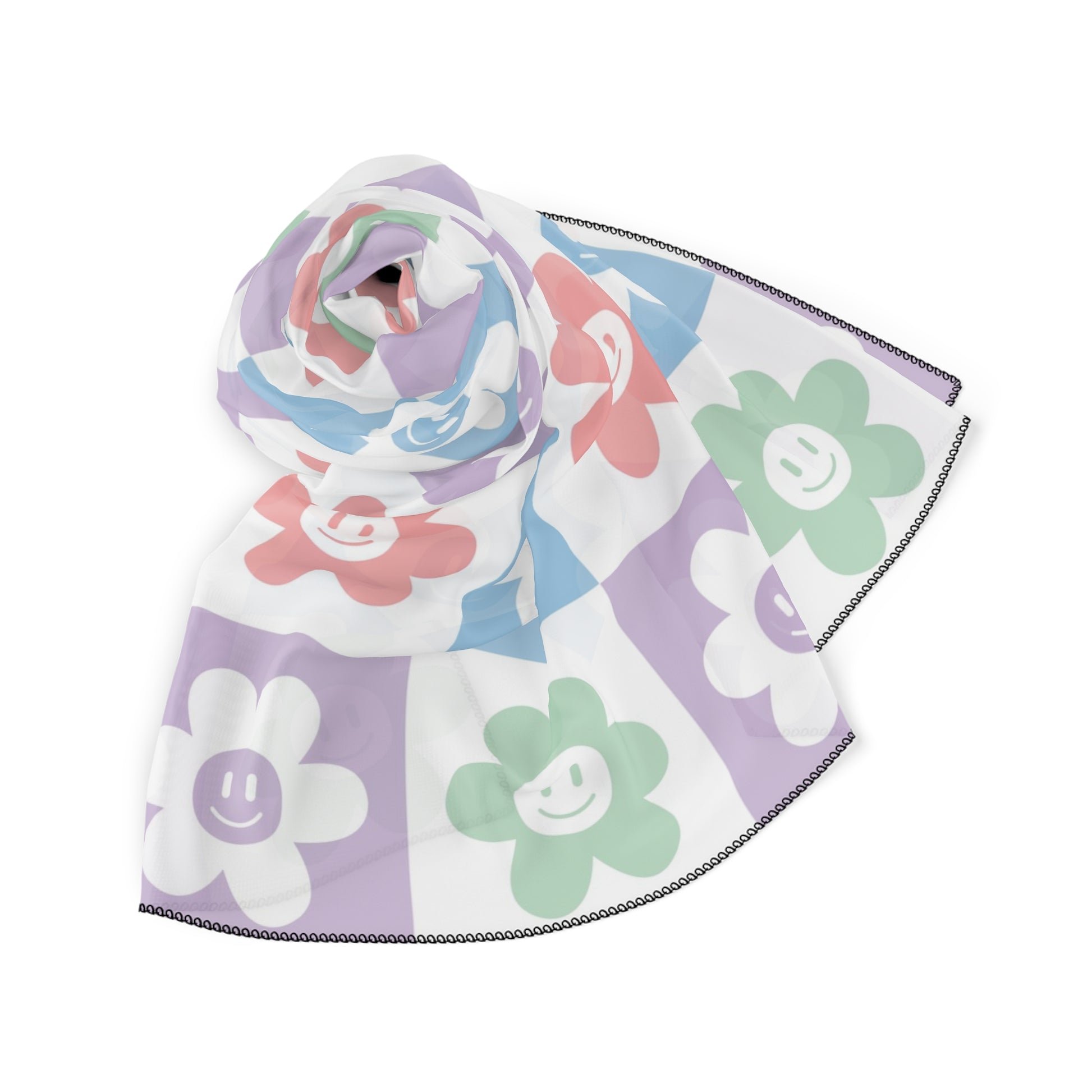 Chessboard x Smiley Face Flowers Multi-Color Poly Scarf, Artsulli - Art is Long, Life is Short, Accessories, , , , , , , 