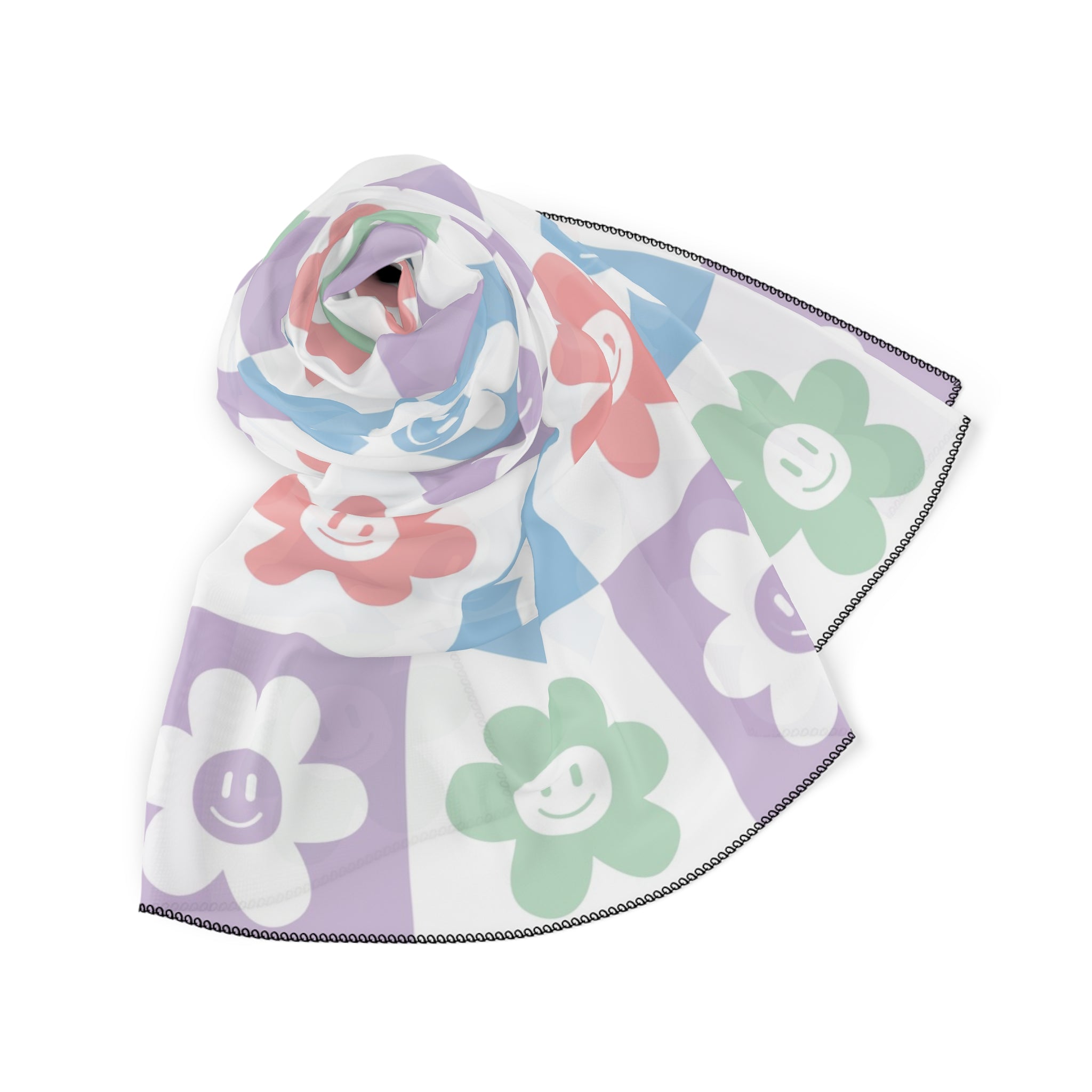 Chessboard x Smiley Face Flowers Multi-Color Poly Scarf, Artsulli - Art is Long, Life is Short, Accessories, , , , , , , 
