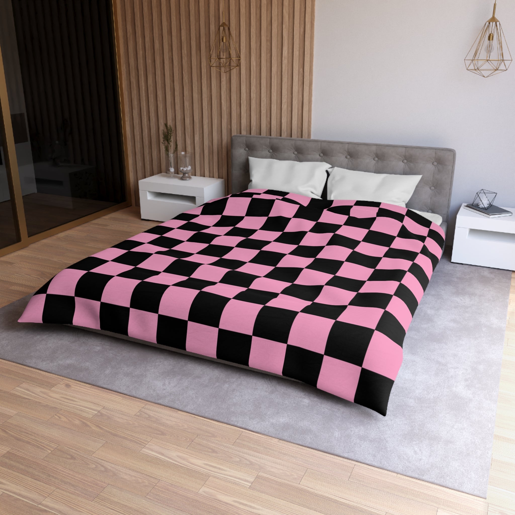 Checkerboard Black and Pink Microfiber Duvet Cover, Artsulli - Art is Long, Life is Short, Home Decor, , , , , , , 