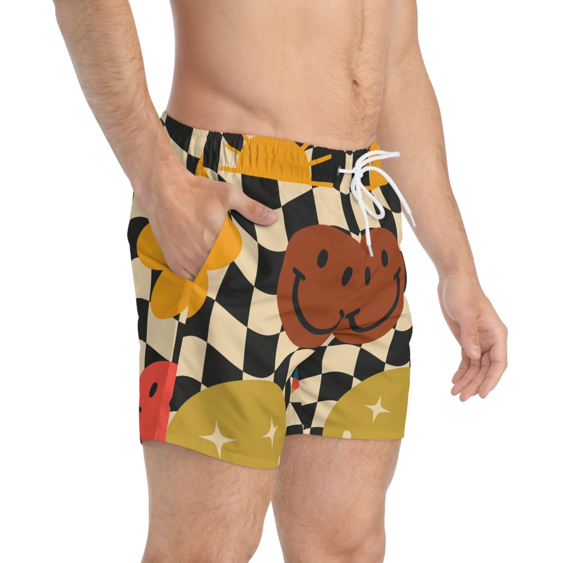 Trippy x Wavy Checkerboard x Smiley Face x Rainbow x Flowers Multi-Color Swim Trunks (AOP), Artsulli - Art is Long, Life is Short, All Over Prints, , , , , , , 
