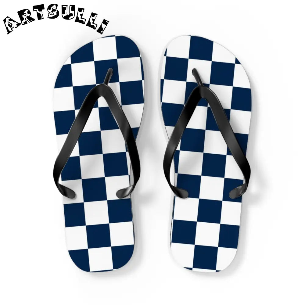 JAKKOUTTHEBXX Checkerboard White and Navy Blue Flip Flops