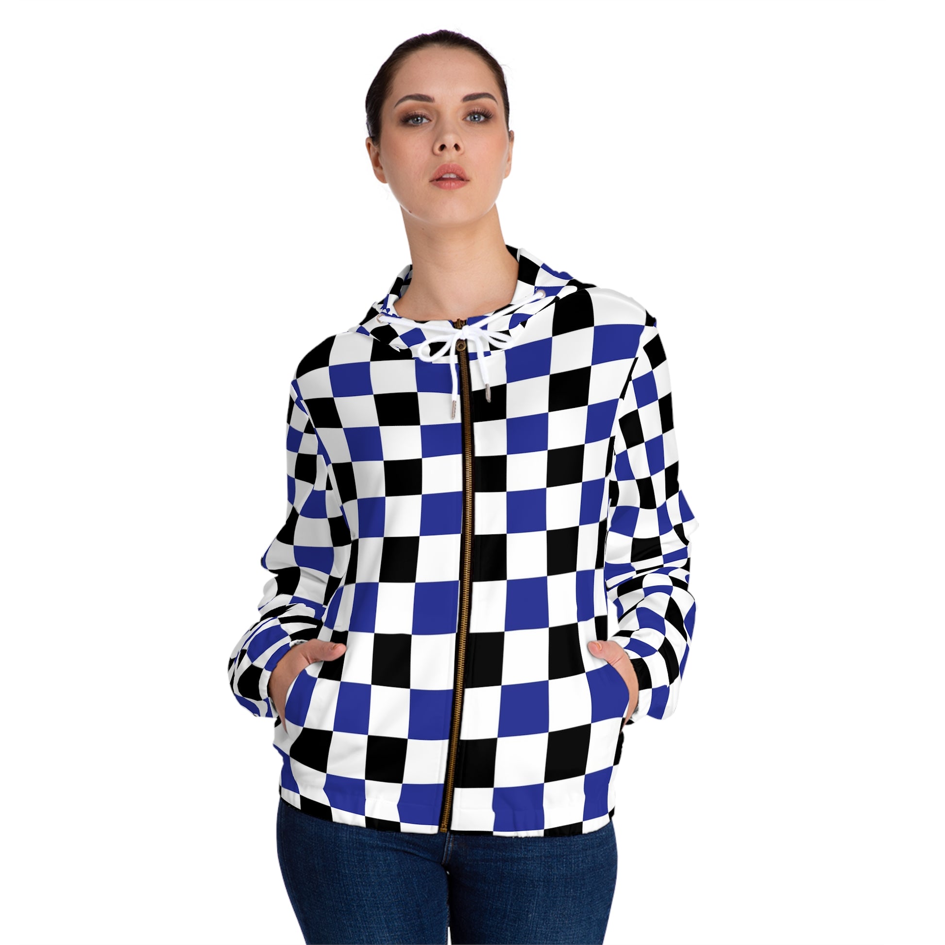 Checkerboard Blue White and Black Women’s Full-Zip Hoodie (AOP), Artsulli - Art is Long, Life is Short, All Over Prints, , , , , , , 