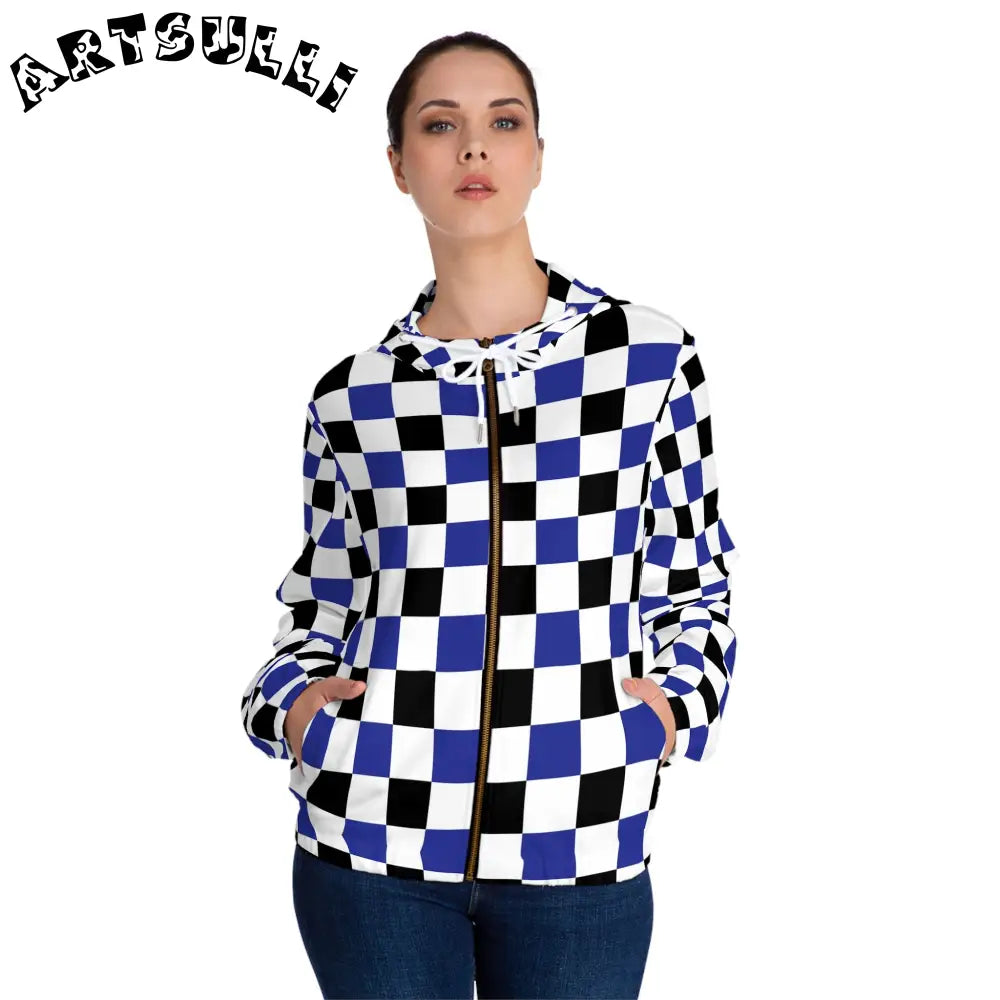 JAKKOUTTHEBXX Checkerboard Blue White and Black Women’s Full-Zip