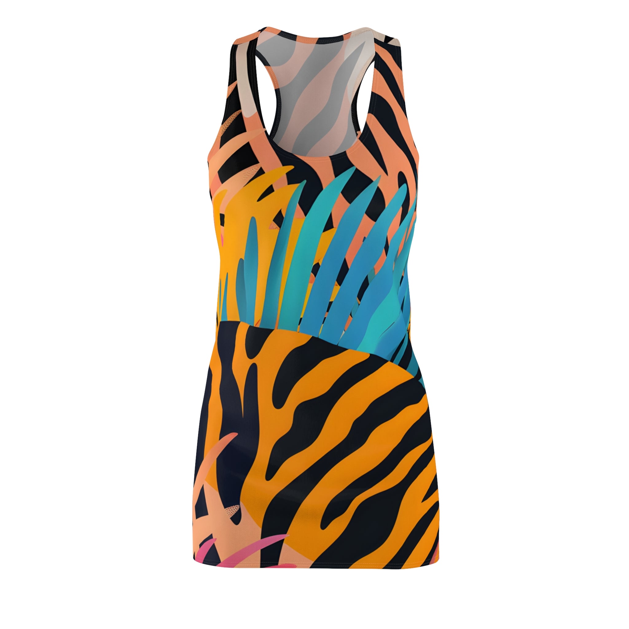 Palm Leaves x Zebra Stripes x  Tiger Stripes Orange and Blue Women's Cut & Sew Racerback Dress (AOP), Artsulli - Art is Long, Life is Short, All Over Prints, Size, XS, , , , , 91277870640107