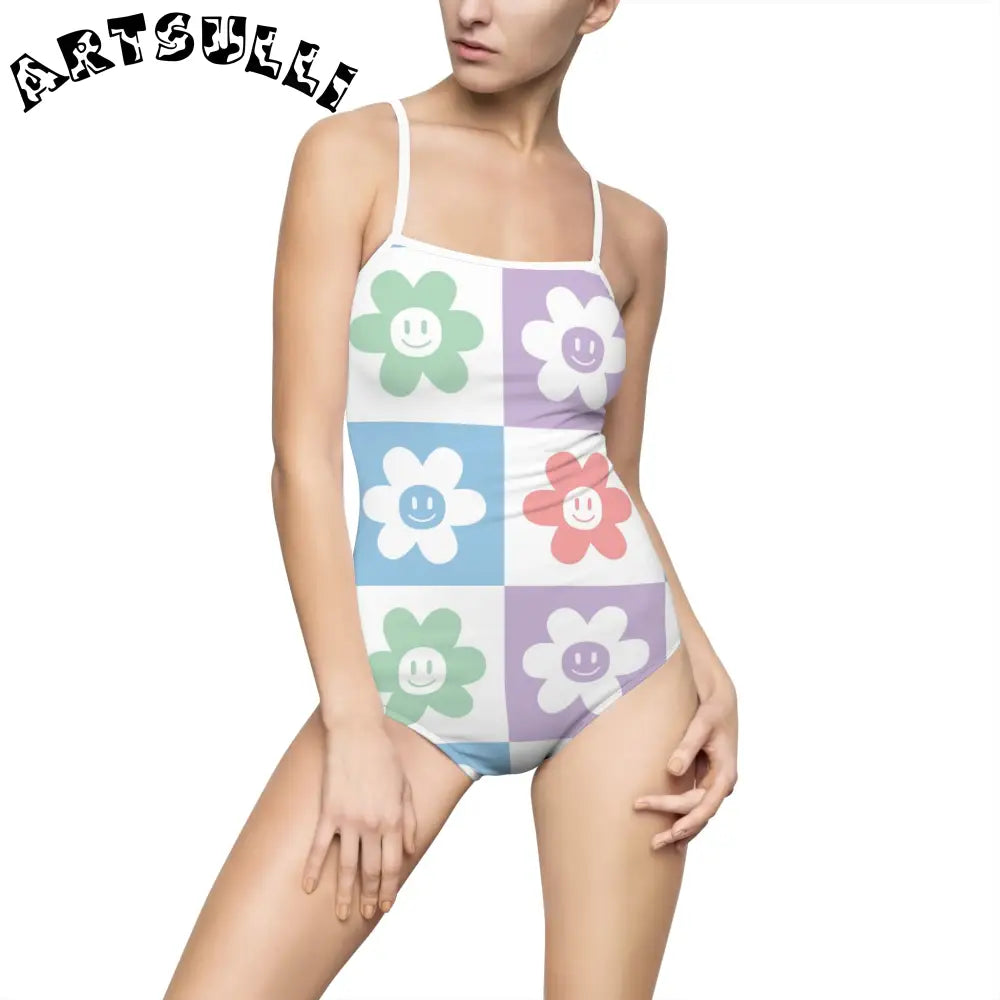 JAKKOUTTHEBXX Smiling Flower Checkerboard One-Piece Swimsuit 2025