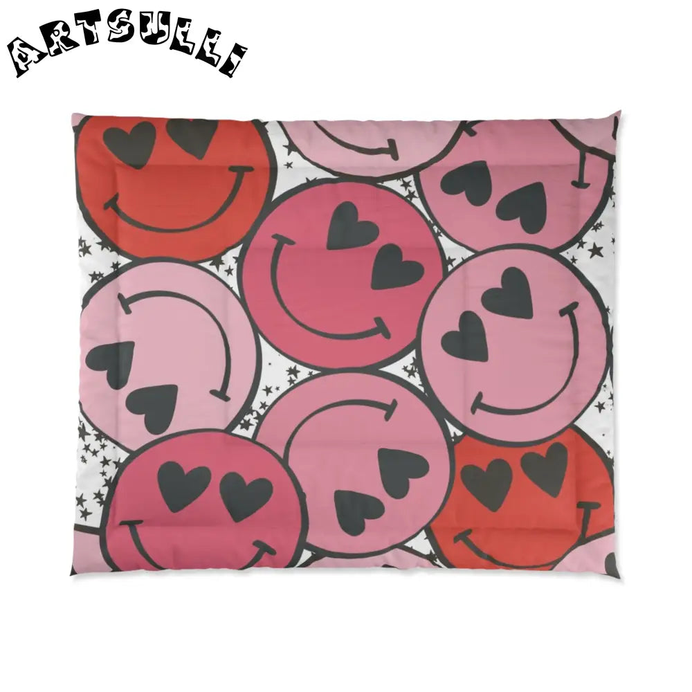 JAKKOUTTHEBXX Smiley Face x Heart Eyes Pink and Red Comforter