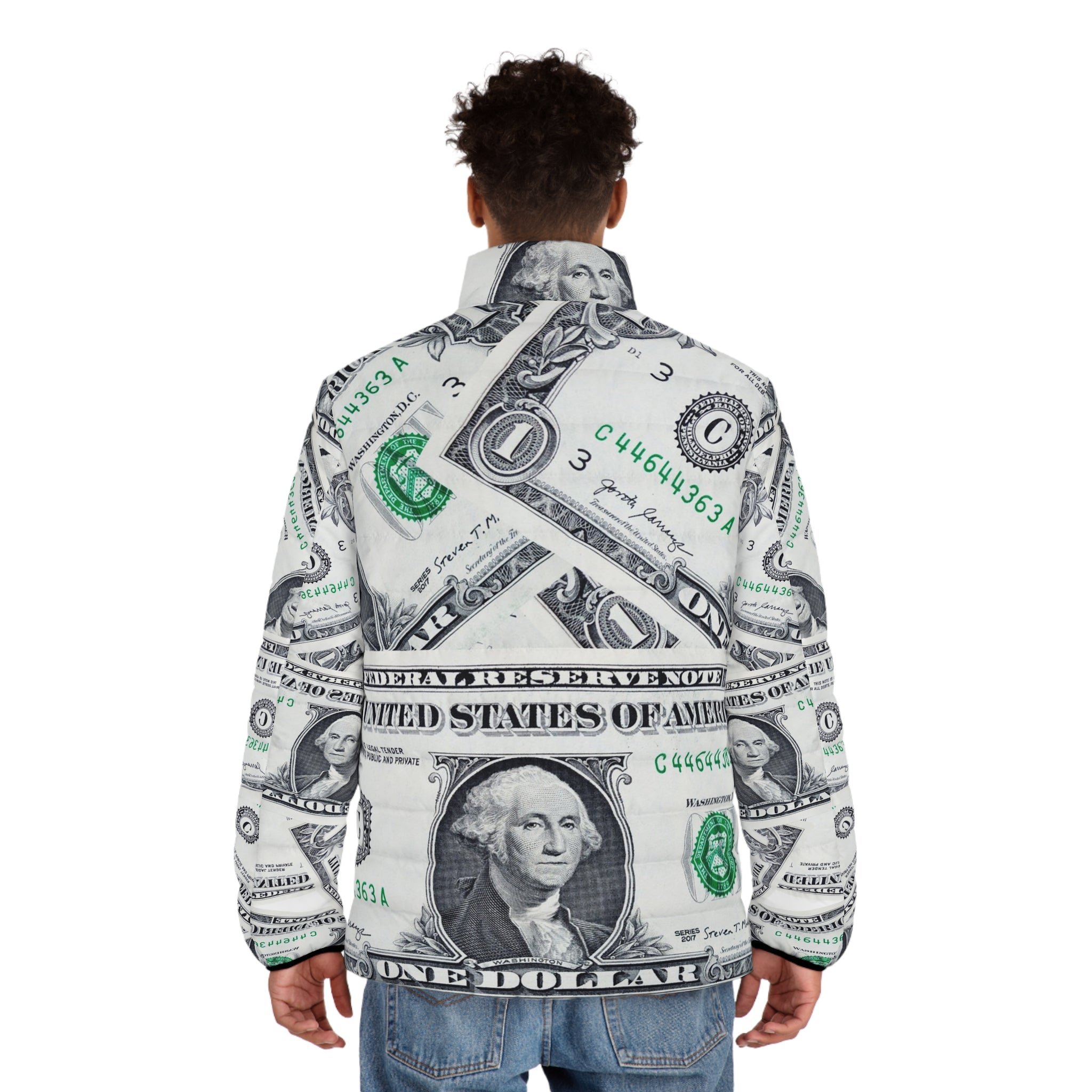 Money Collage Men's Puffer Jacket (AOP), Artsulli - Art is Long, Life is Short, All Over Prints, , , , , , , 