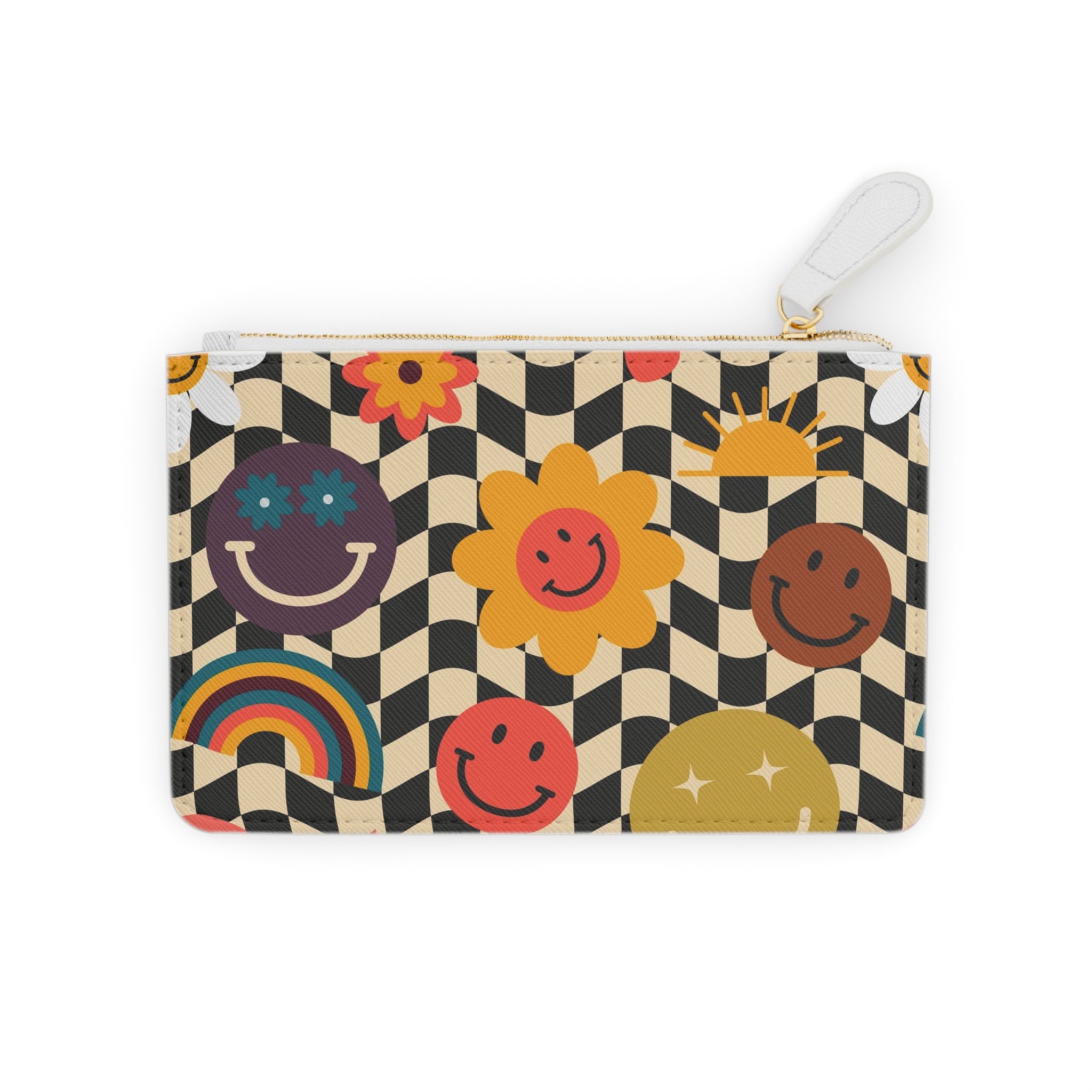 Trippy x Wavy Checkerboard x Smiley Face x Rainbow x Flowers Multi-Color Mini Clutch Bag, Artsulli - Art is Long, Life is Short, Bags, Size, 6.3” x 4”, Color, White, , , 17583750596097660725