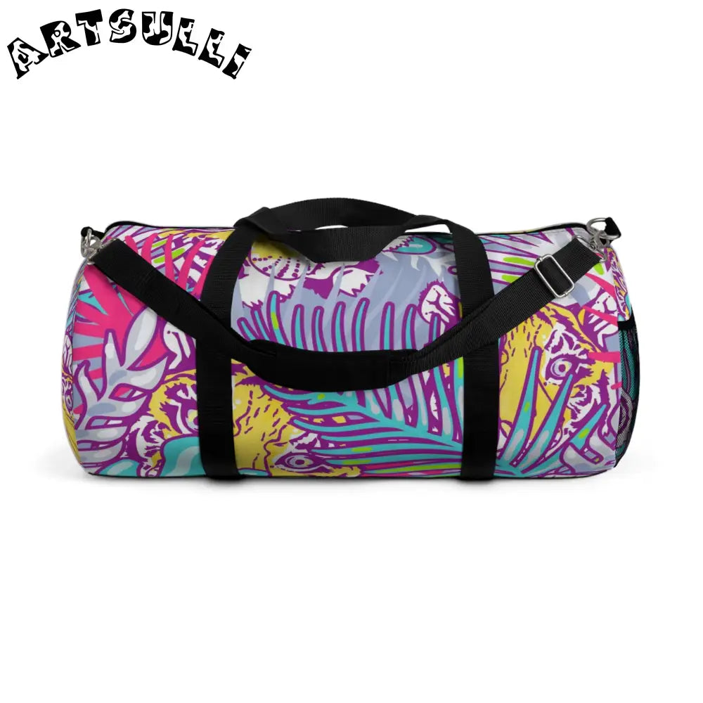 JAKKOUTTHEBXX Tropical Floral Tigers Torquise and Purple Duffel Bag