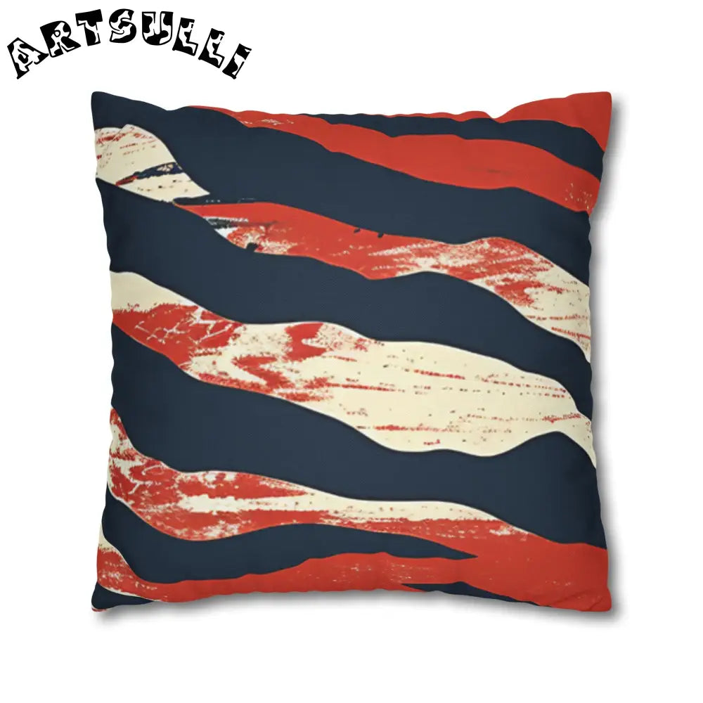 JAKKOUTTHEBXX Abstract Red White Navy Blue Wavy Stripe Square Pillow