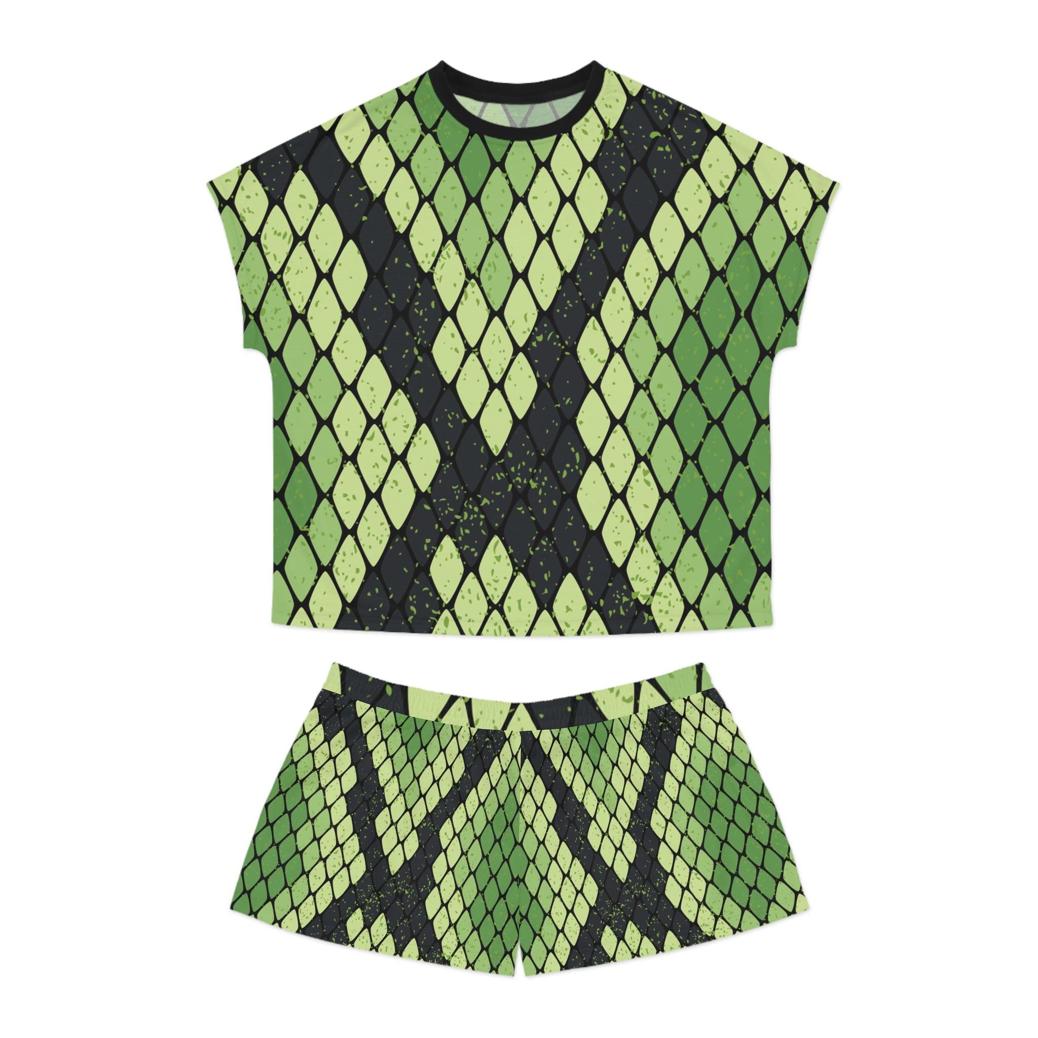 Snake Skin Green and Black Women's Short Pajama Set (AOP), Artsulli - Art is Long, Life is Short, All Over Prints, Size, S, Color, Black, , , 11279485161598