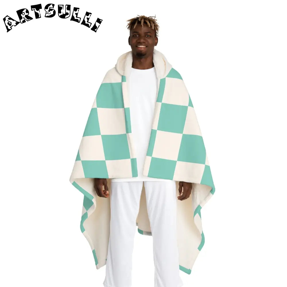 JAKKOUTTHEBXX Checkerboard Light Green Hooded Sherpa Fleece Blanket