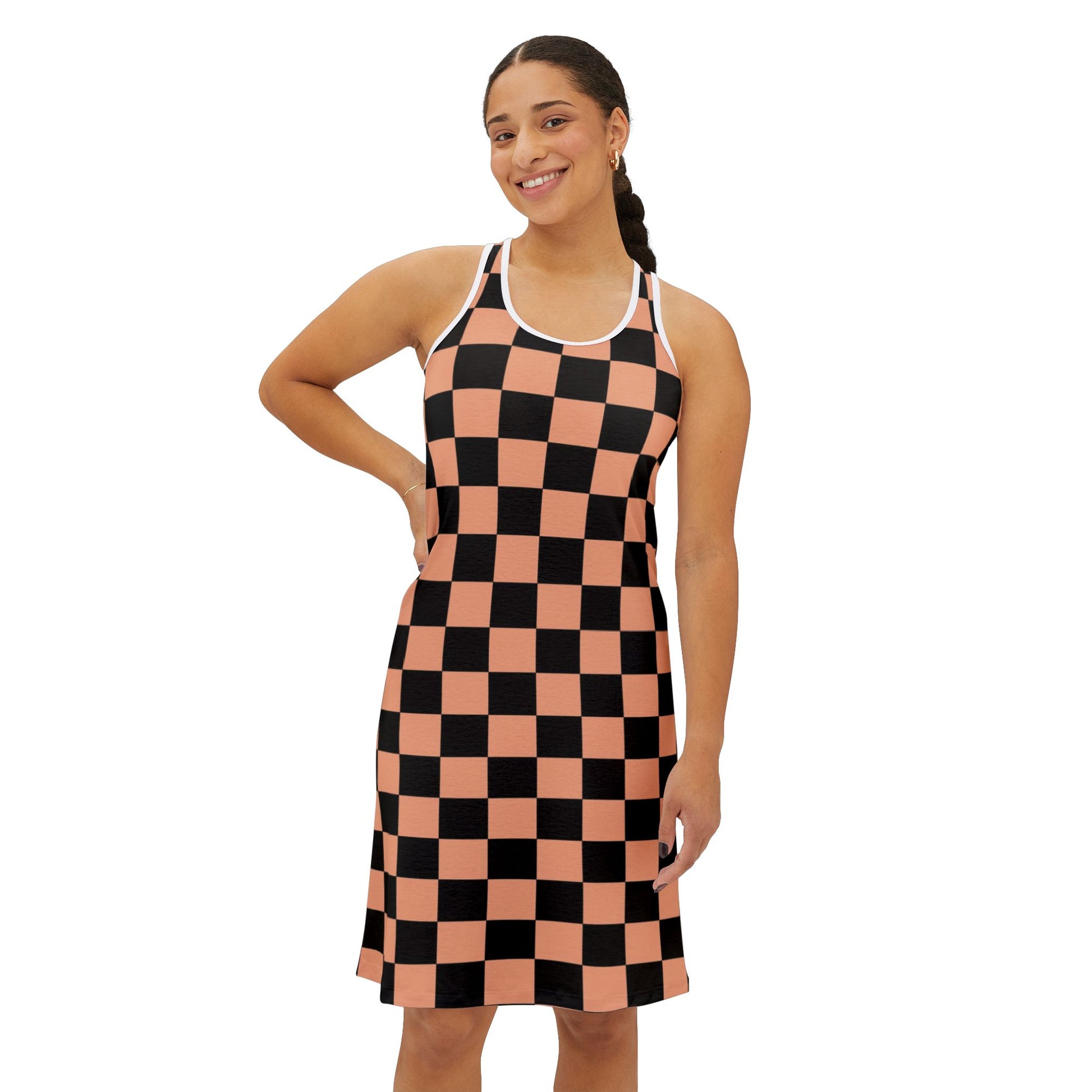 Checkerboard Soft Orange and Black Women's Racerback Dress (AOP), Artsulli - Art is Long, Life is Short, Tank Top, , , , , , , 