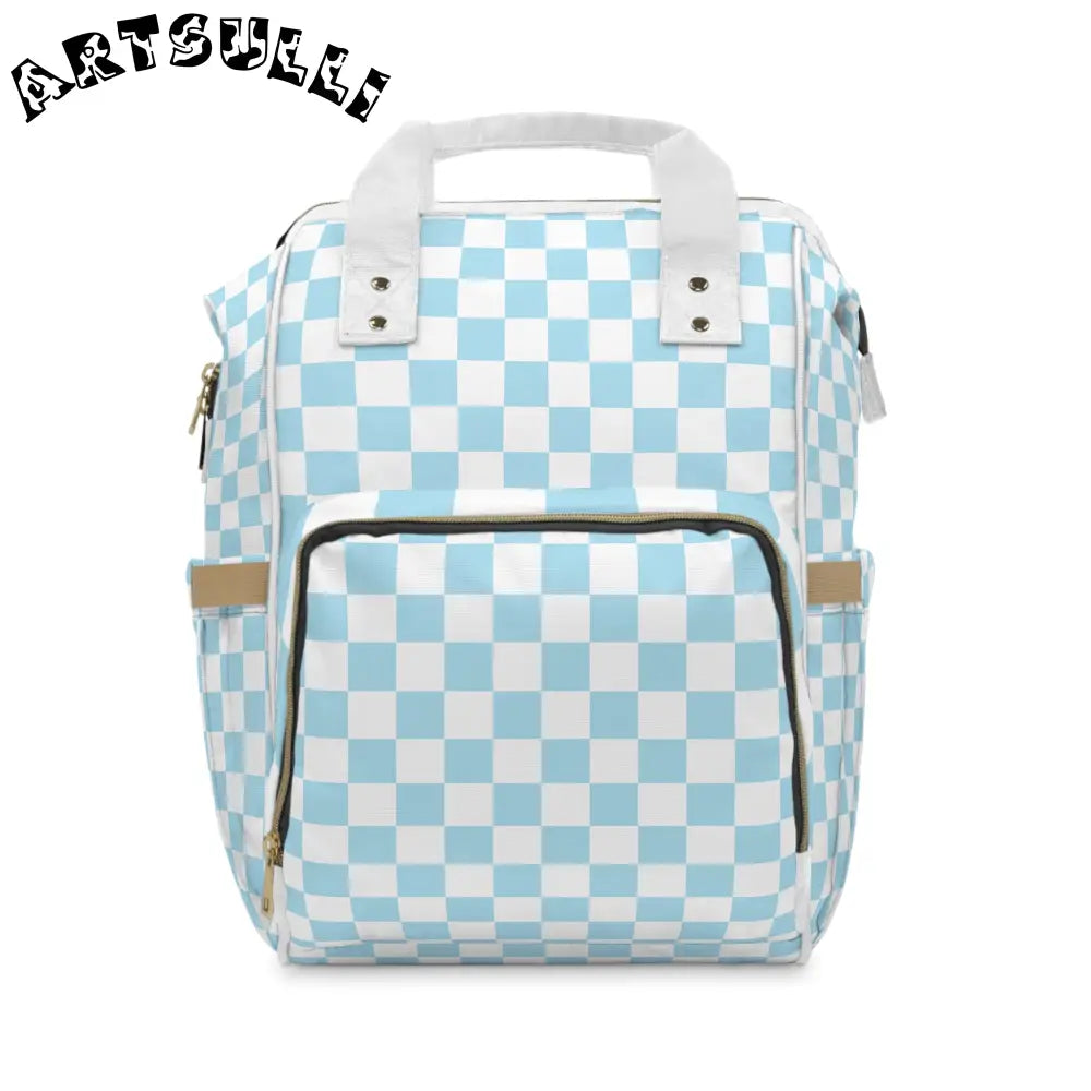 JAKKOUTTHEBXX Checkerboard Sky Blue Multifunctional Diaper Backpack