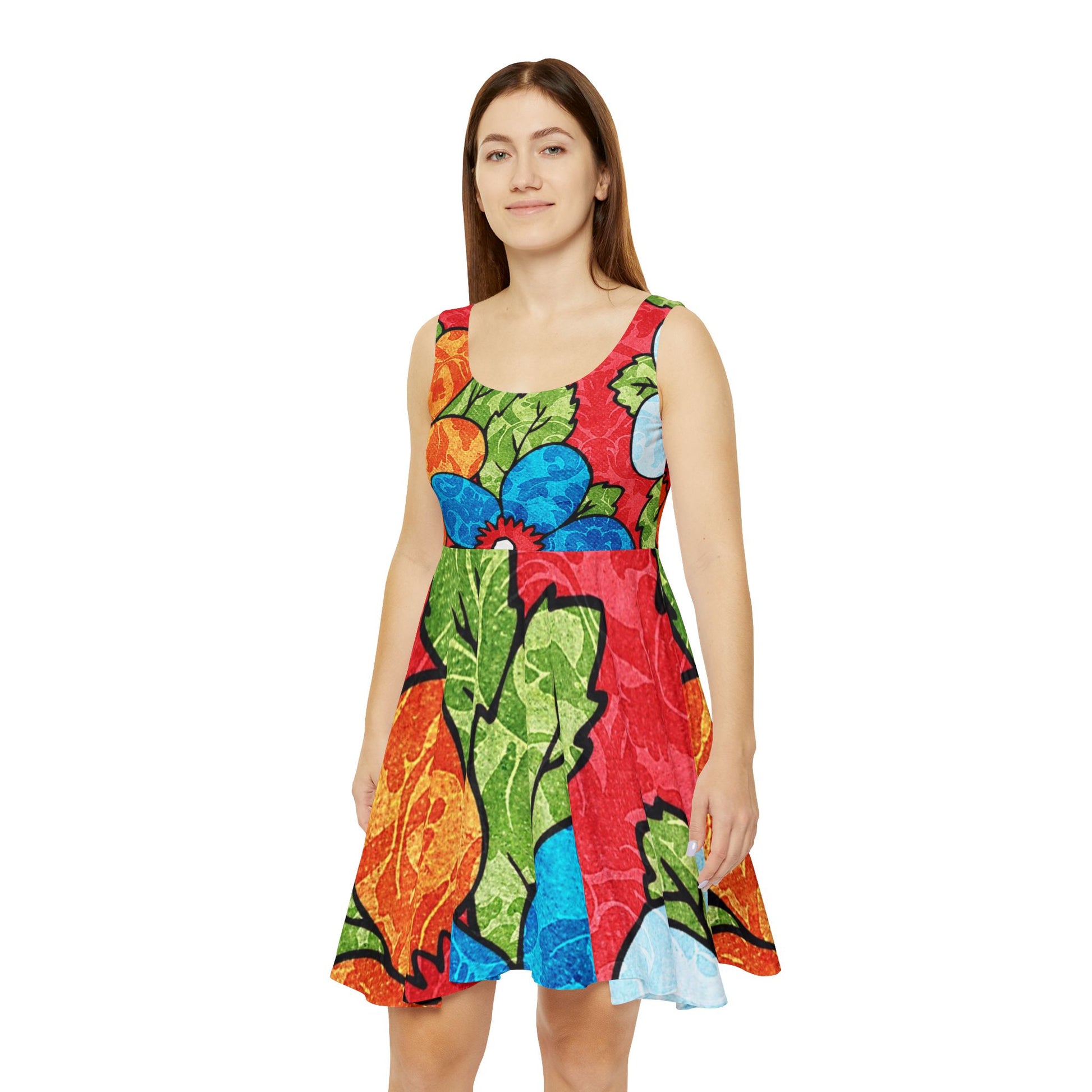 Groovy Red Floral Kl Women's Skater Dress (AOP), Artsulli - Art is Long, Life is Short, All Over Prints, , , , , , , 