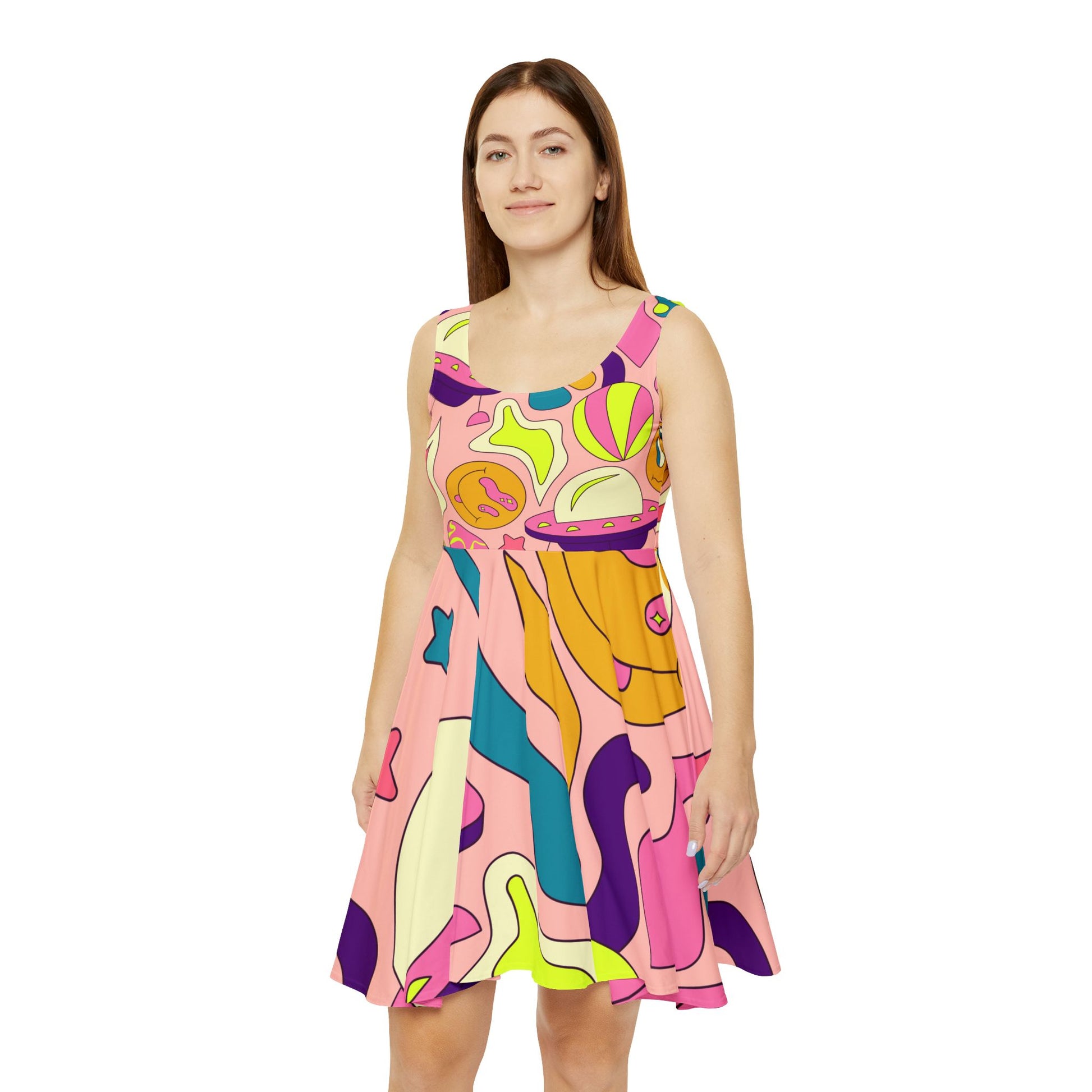 Trippy Spaceships Pink Women's Skater Dress (AOP), Artsulli - Art is Long, Life is Short, All Over Prints, , , , , , , 